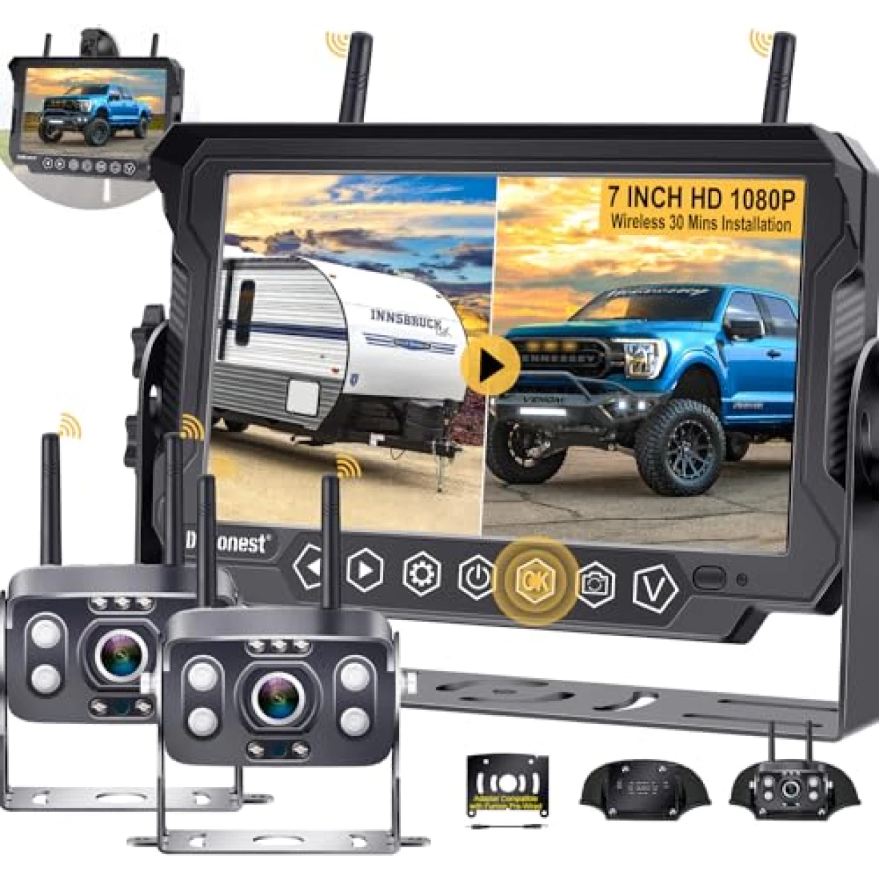 RV Trailer Backup Camera Wireless 2-Cameras: Easy Setup Plug and Play for Furrion Pre-Wired System Recording 7&quot; Touch Key Monitor HD 1080P Truck Camper Fifth Wheel Rear View Cam 4-Channel DoHonest V23