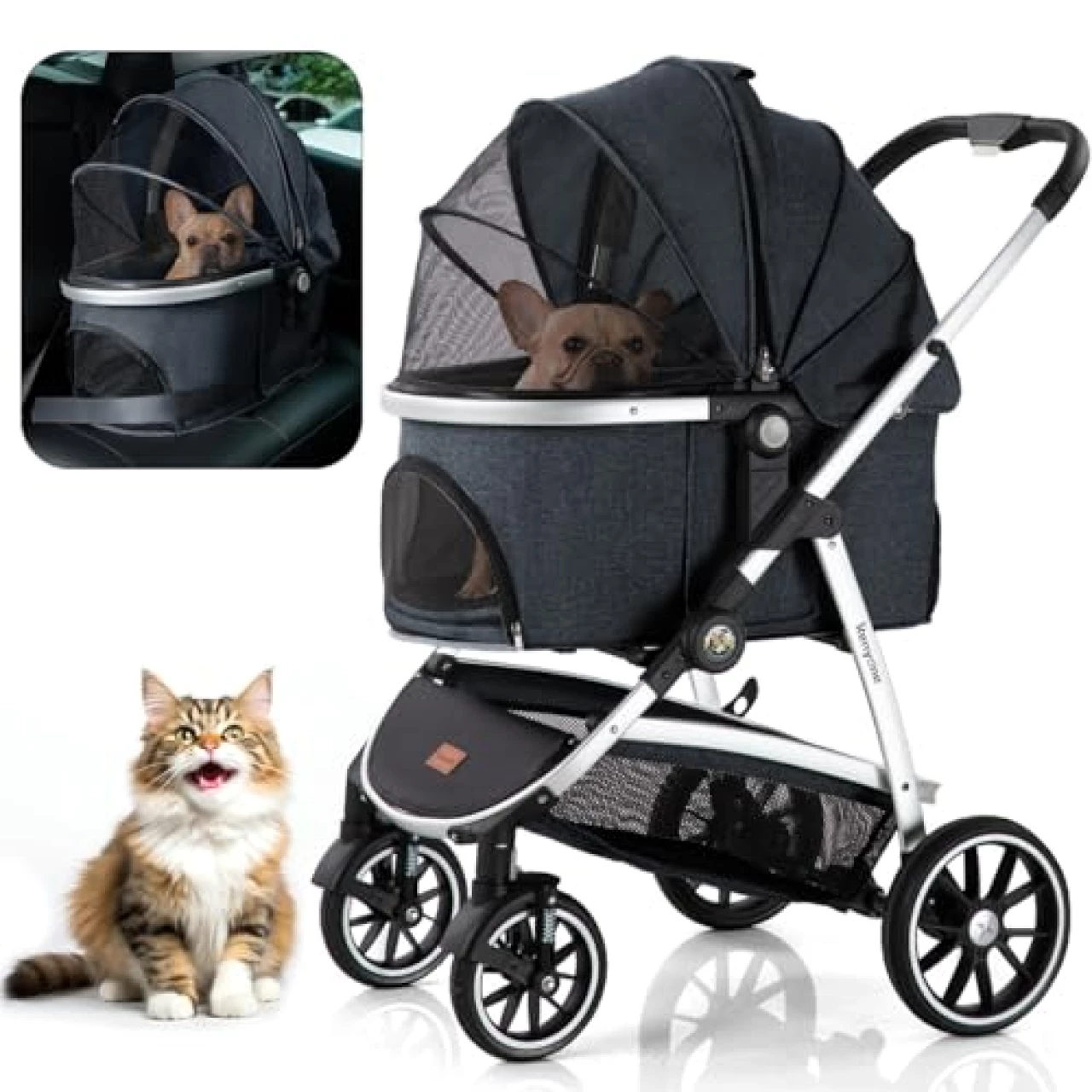 Kenyone Pet Stroller 3 in 1 Dog Stroller for Medium Small Size Dogs, Large Cat Stroller with Detachable Carrier for Puppies, Doggies, Kitties, Bunnies (C510 Navy)