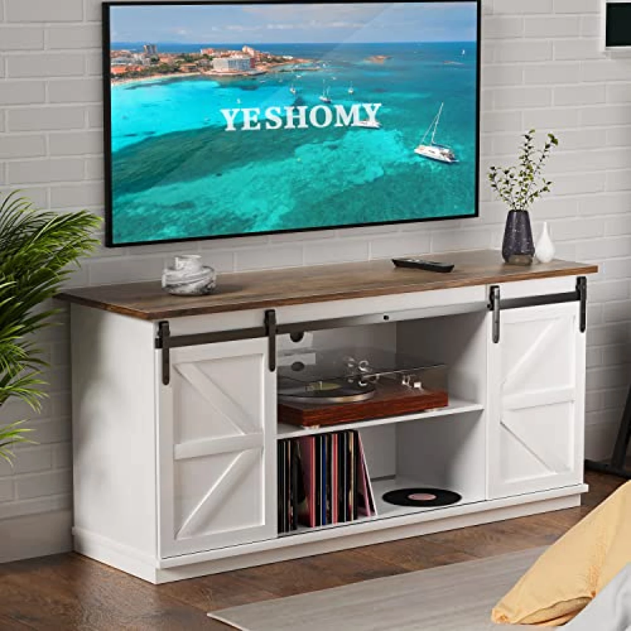 YESHOMY Farmhouse TV Stand and Entertainment Center for Televisions up to 65 Inchs, with Sliding Barn Doors and Storage Cabinets, Console Table and Media Furniture for Living Room, 58 Inch, White