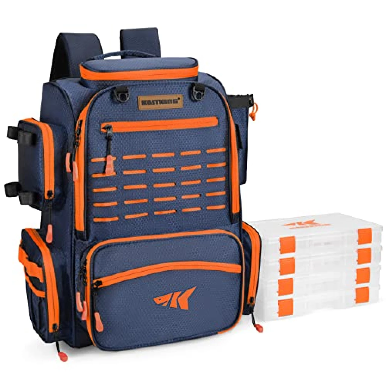 KastKing Bait Boss Fishing Tackle Backpack with Rod Holders,4 Tackle Boxes,Waterproof Protective Rain Cover,43L Large Storage Waterproof Tackle Boxes for Fishing,Camping,Hiking,Outdoor Sports,Orange