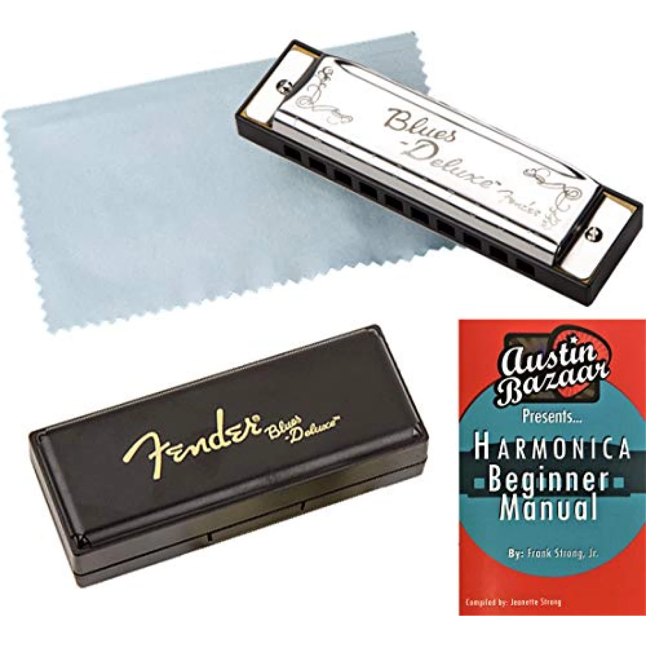 Fender Blues Deluxe Harmonica Bundle with Carrying Case and Instructional Book - Key of C