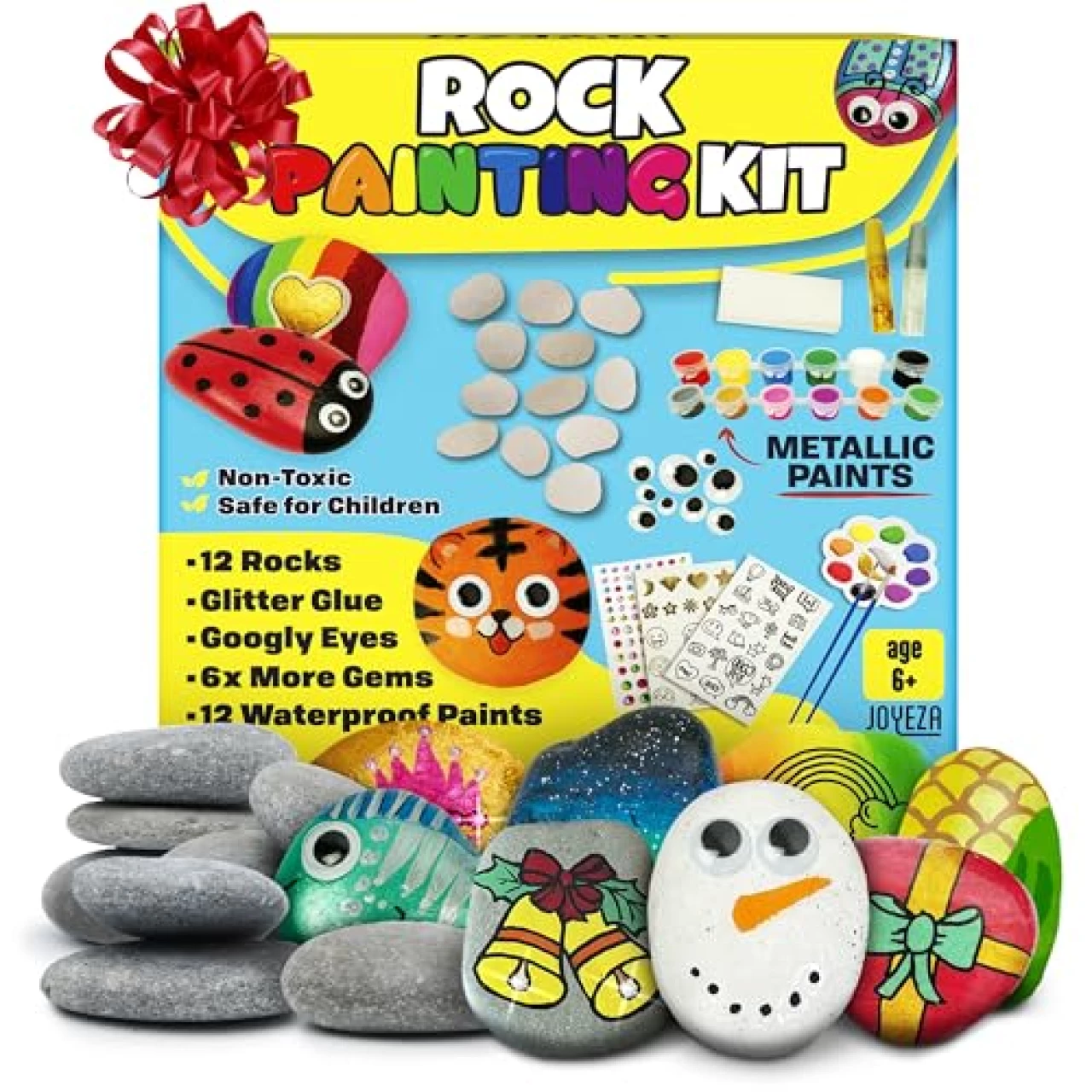 JOYEZA Deluxe Rock Painting Kit, Arts and Crafts for Girls Boys Age 6+, 12 Rocks Tween Gift Art Set