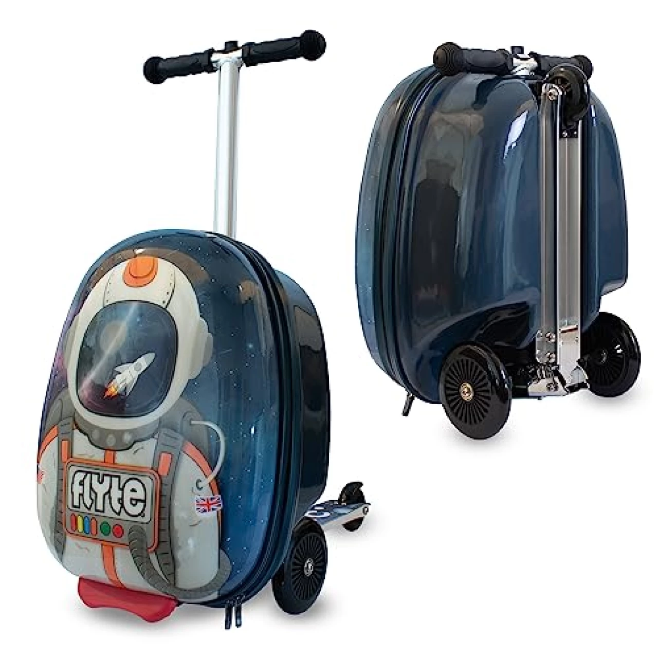 Flyte Scooter Suitcase Folding Kids Luggage – Sammie the Spaceman, 18 Inch Hardshell, Ride On with Wheels, 2-in-1, 25 Litre Capacity