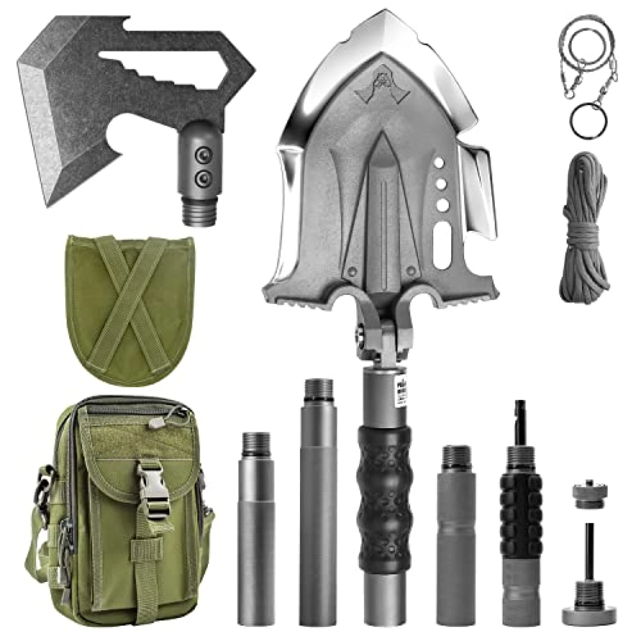 Zune Lotoo Survival Shovel Multitool with Axe, 29 in 1 Unbreakable Tactical Shovel Martensitic Steel kit, Compact Camping Shovel Folding Adjustable 7 Angles for Outdoors Gear Military Tool Gifts