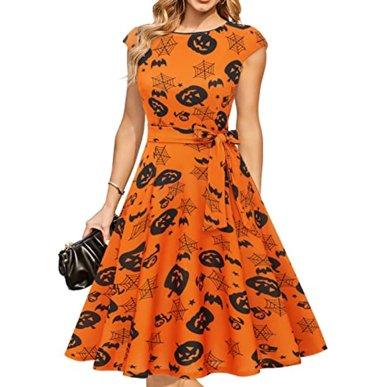 Womens Halloween Dresses 2023 Cocktail Tea Party Dress 1950s Vintage Floral Festival Dress, Fit Flare Swing Aline Dress Pumpkin Orange 2XL