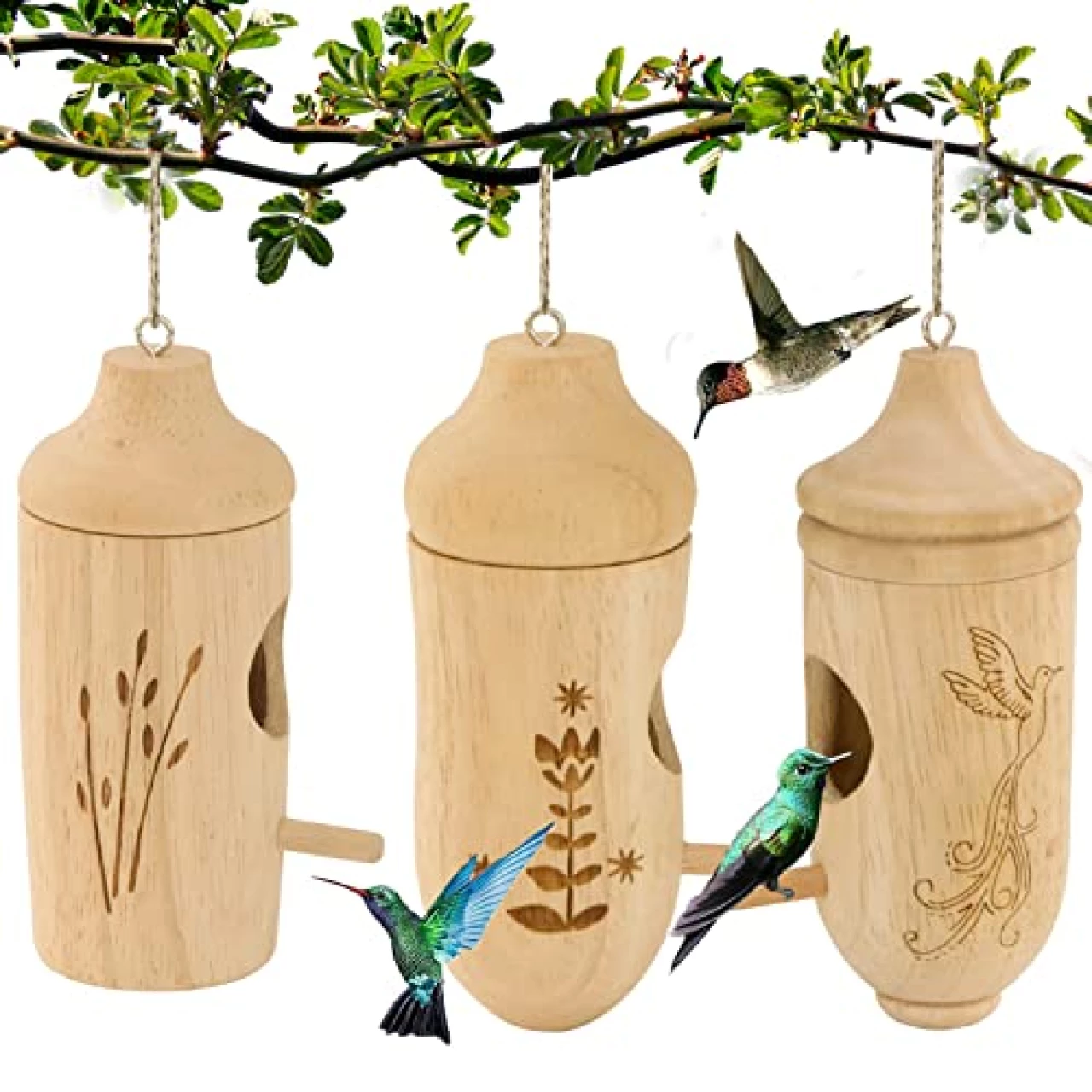 OROGHT Hummingbird House - Natural Wooden Hummingbird Houses for Outside Hanging, Gardening Gifts Home Decoration 3 Packs