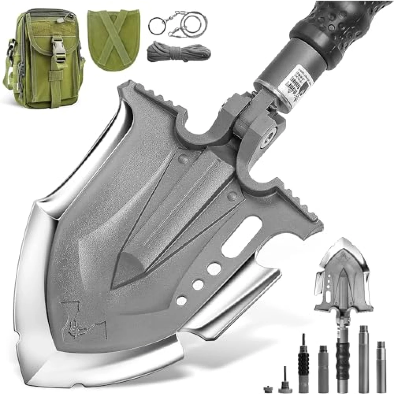 GRAMFIRE Survival Tactical Shovel Multitool 28 in 1 Luxury Kit, Folding Shovel with Military Grade Martensitic Steel Adjustable 7 Angles Spade, 24.5”-35.5” Emergency Entrenching Tool with Bag, F-A3