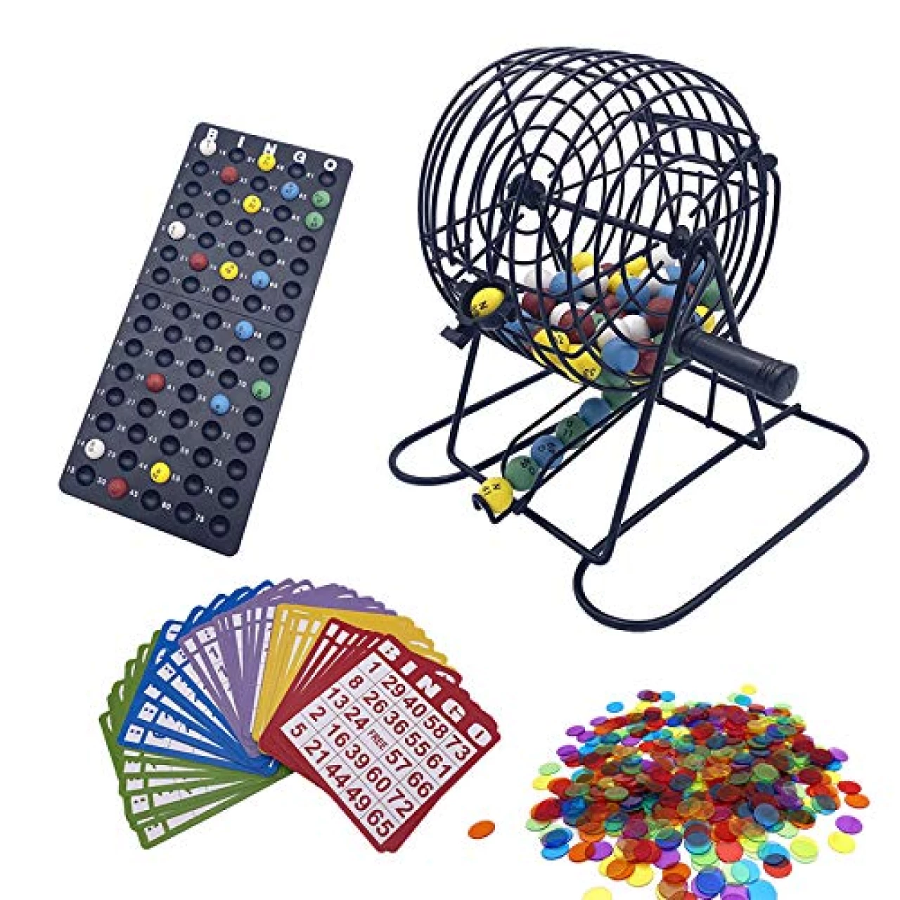 JUNWRROW Deluxe Bingo Game Set with 6 Inch Cage, Master Board,75 Colored Balls a Bag, 50 Cards, and 500 Color Mix Chips Ideal for Large Groups