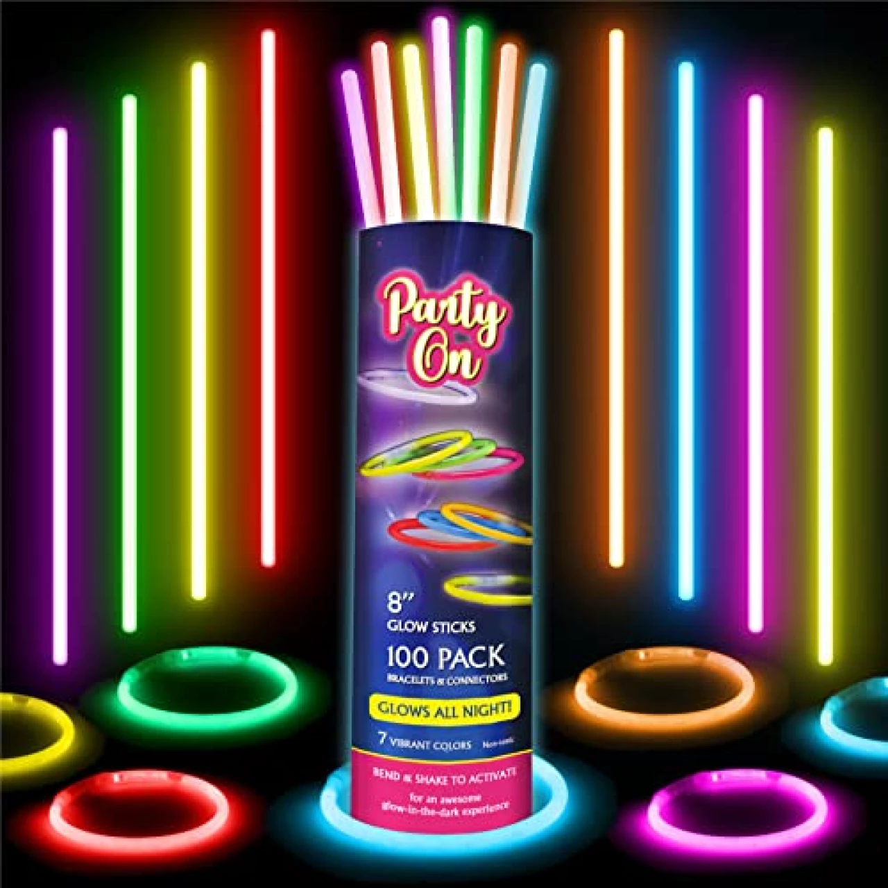 Party On Glow Sticks Bulk Party Supplies. 100 Pack. 8 Inch Glow in the Dark Sticks, Light Up Party Favors. Neon Glow Bracelets and Glow Necklaces with Connectors for Party Decorations