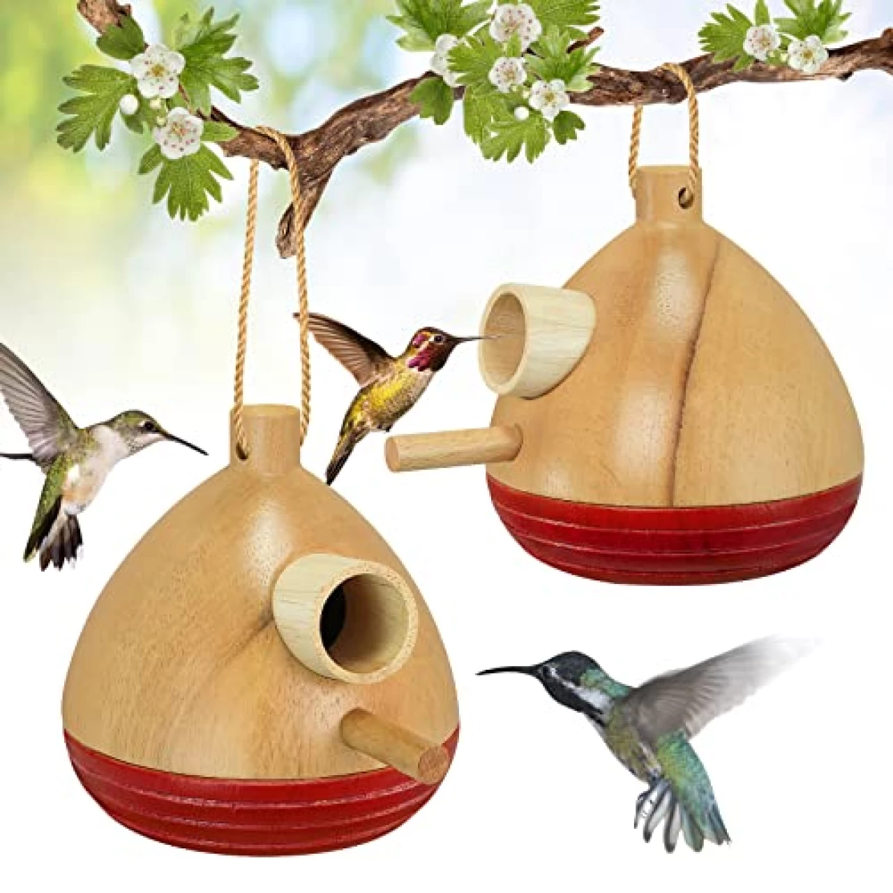 2 Pack Hummingbird House, Wooden Bird Houses for Outside Hummingbird Houses for Nesting, Hanging Chickadee House for Indoor Outdoor with Hemp Ropes …