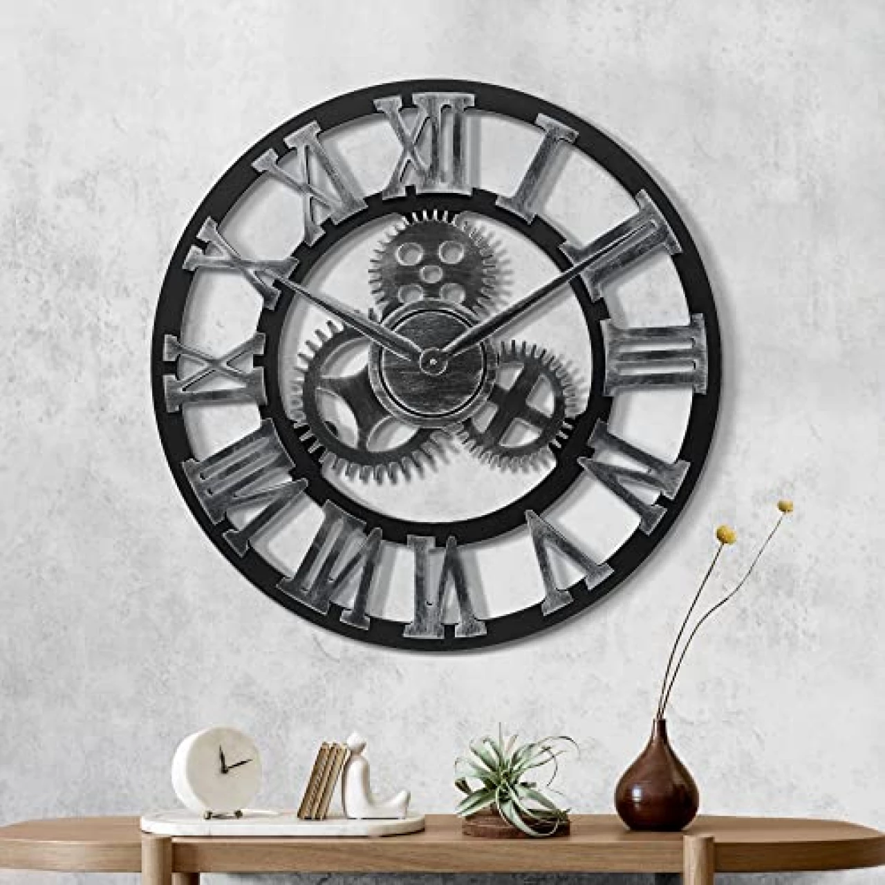Lafocuse 23 Inch Wooden Gears Wall Clock Silver,Large Wall Clock Oversized Vintage Rustic Farmhouse Industrial Clocks for Living Room Decor