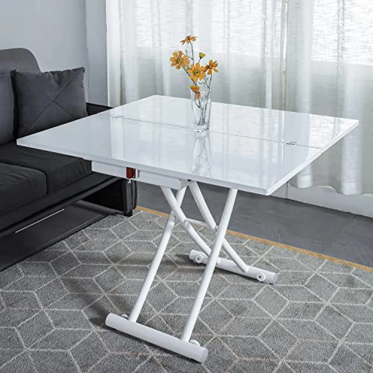 MYSELFLY Living Room Dinning Tables Folding Metal Lift Bracket Multifunction Transform Dinner Kitchen Coffee Tea End Table in Home Wood Desktop Design 40x35 White