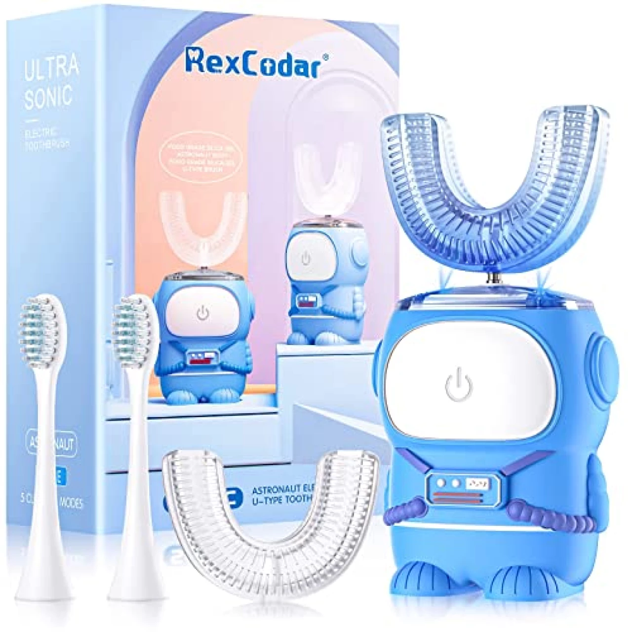 RexCodar Ultrasonic Kid&rsquo;s U-Shaped Electric Toothbrush, IPX7 Waterproof, Five Cleaning Modes, 60S Smart Reminder