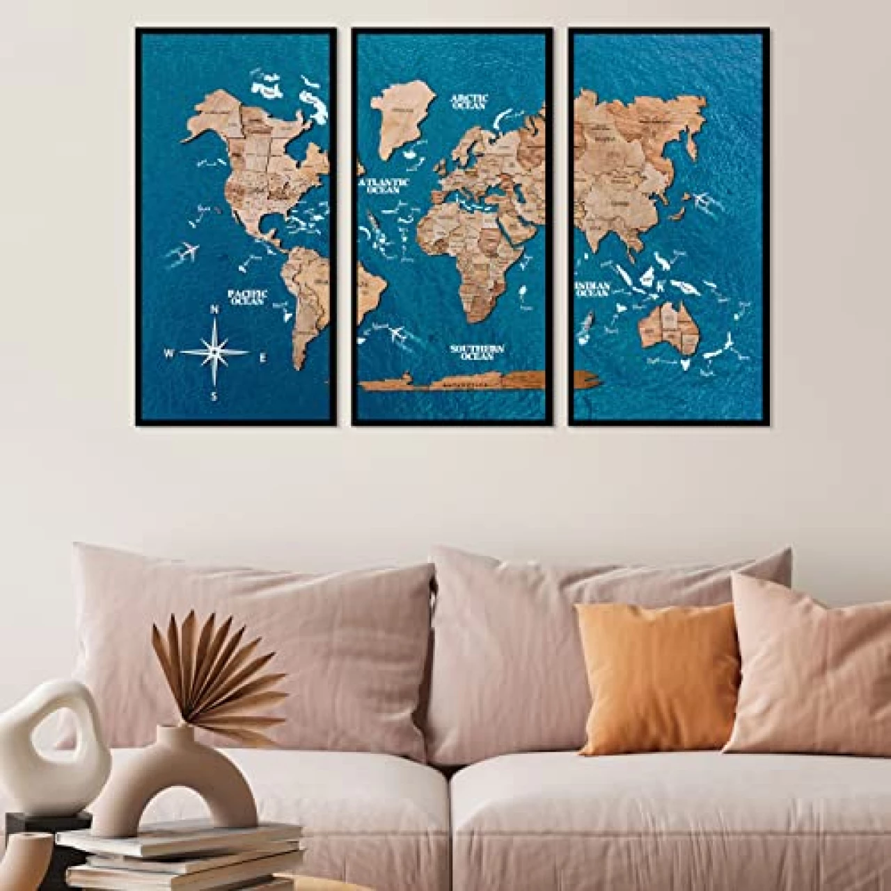 ENJOY THE WOOD Framed World Map Wall Art Wood Travel Decor 3D World Map On Board 3 Panels Wall Rustic Decoration Housewarming Gift (Large, Triptych, Terra)