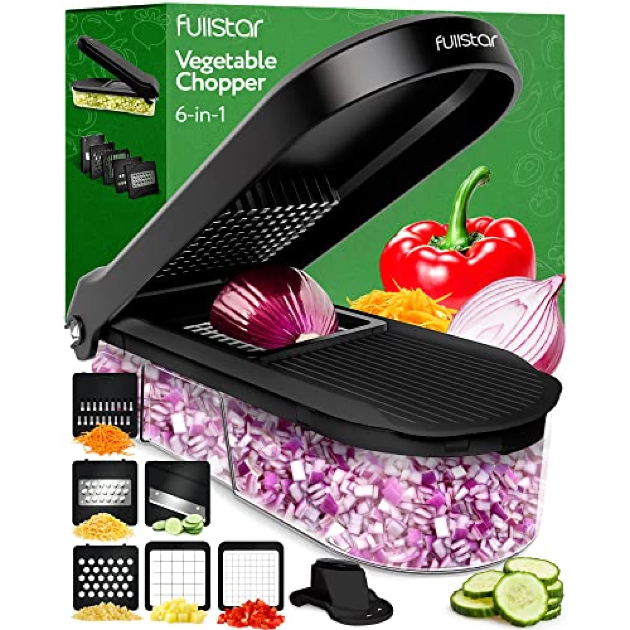 Fullstar Compact Vegetable Cutter, Food Chopper, Veggie Chopper, Onion Chopper, Vegetable Chopper With Container, Vegetable Slicer, Vegetable Cutter, Mandoline Slicer (6 in 1, Black)