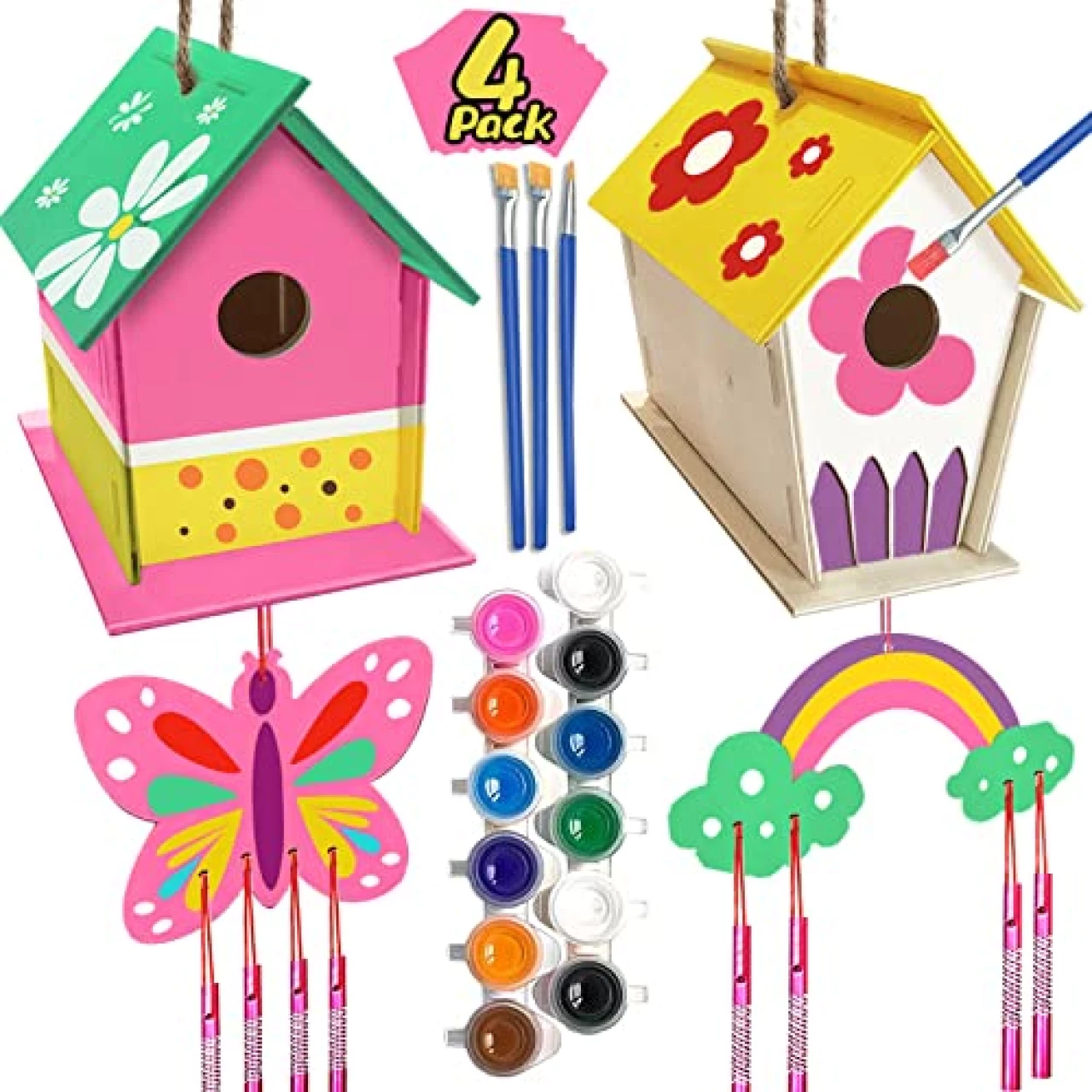 Crafts for Kids Ages 4-8 - 4 Pack DIY Bird House Wind Chime Kit - Build and Paint Birdhouses Wooden Arts Kits