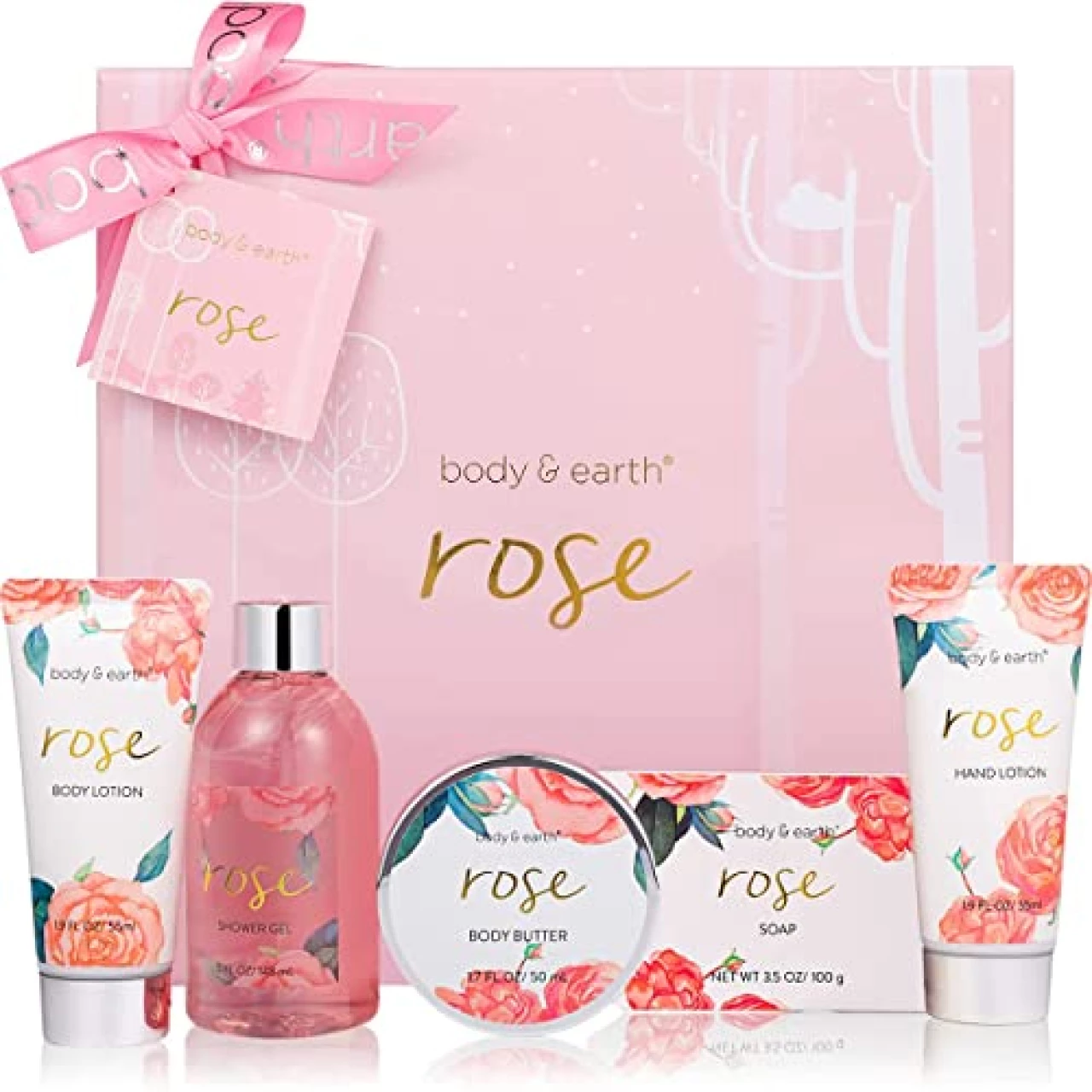 Spa Gift Set for Women - Rose Bath Sets, Body &amp; Earth 5 Pcs Birthday Gifts for Women, Self Care Kit, Gift Box for Women, Lotion Sets for Women, Christmas Gifts