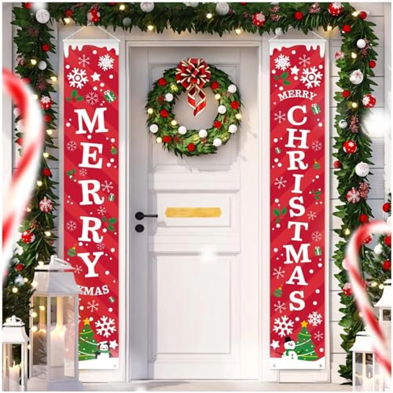 Merry Christmas Banner Sign - Christmas Front Porch Door Decorations