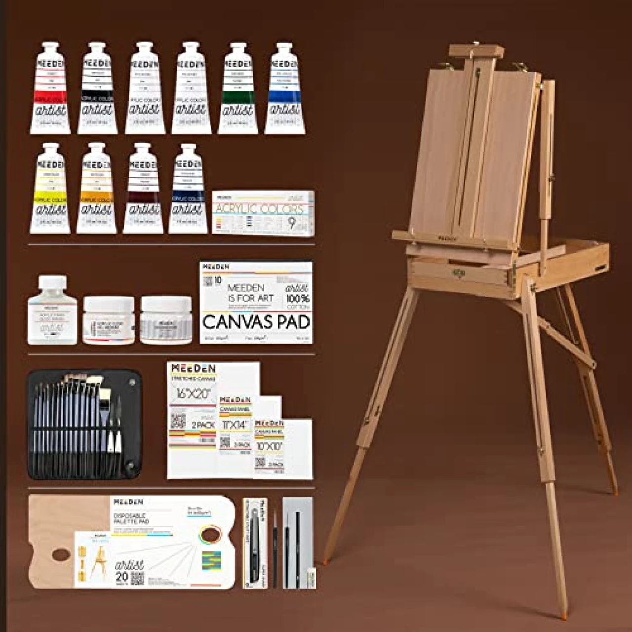 MEEDEN Art Set with French Easel for Professional Artist,Supplies Acrylic Painting(10-60ML) Kit with Paintbrushes for Adults,Pre Painter and Canvas Drawing Starter-Prime Art Series