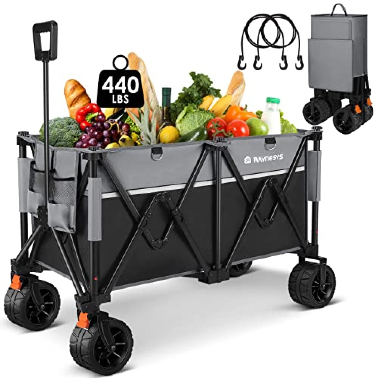 Raynesys Collapsible Wagons Heavy Duty 440 lbs Folding Beach Carts with Big All-Terrain Wheels, Utility Lounge Wagon Garden Cart with 200L Capacity for Outdoor, Sports, Shopping, Camping, Black &amp; Gray