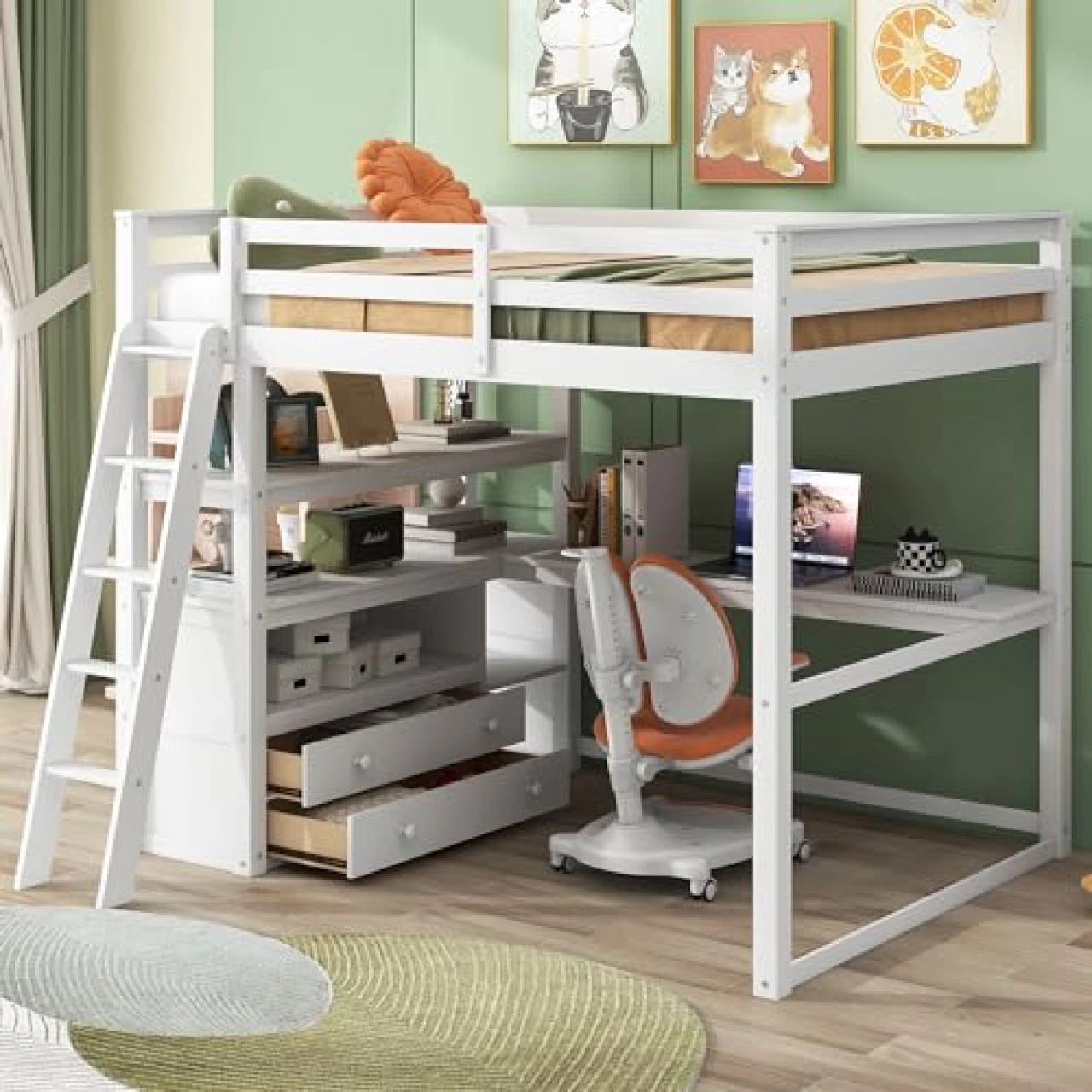 BIADNBZ Full Size Loft Bed with Desk, Drawers, Shelves, Wooden High Loftbed, White
