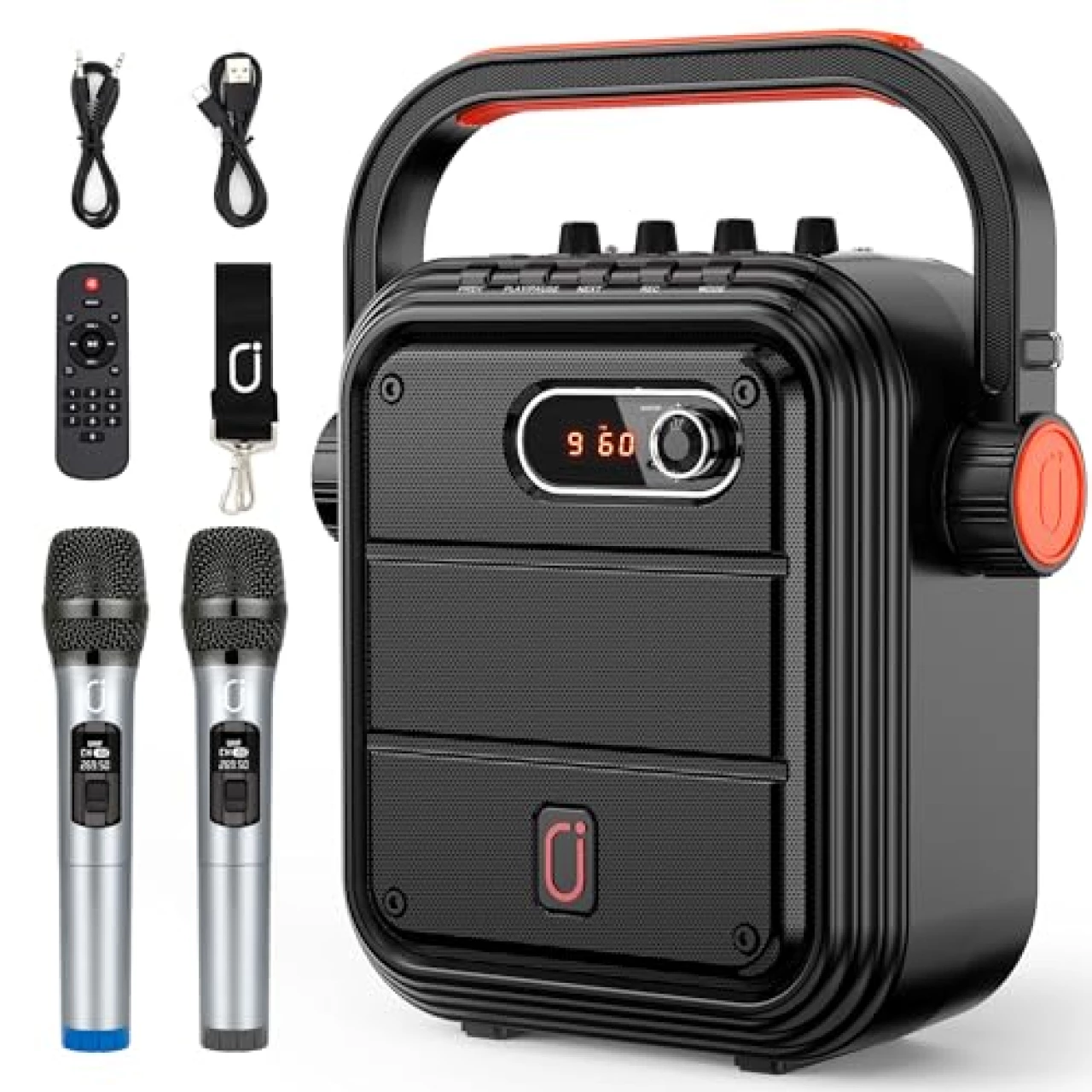 JYX 66BT Karaoke Machine with 2 UHF Wireless Microphones, Portable Bluetooth PA System with Shoulder Strap, Subwoofer Support TWS, Radio, AUX in, REC, Bass&amp;Treble for Party/Meeting/Adults/Kids