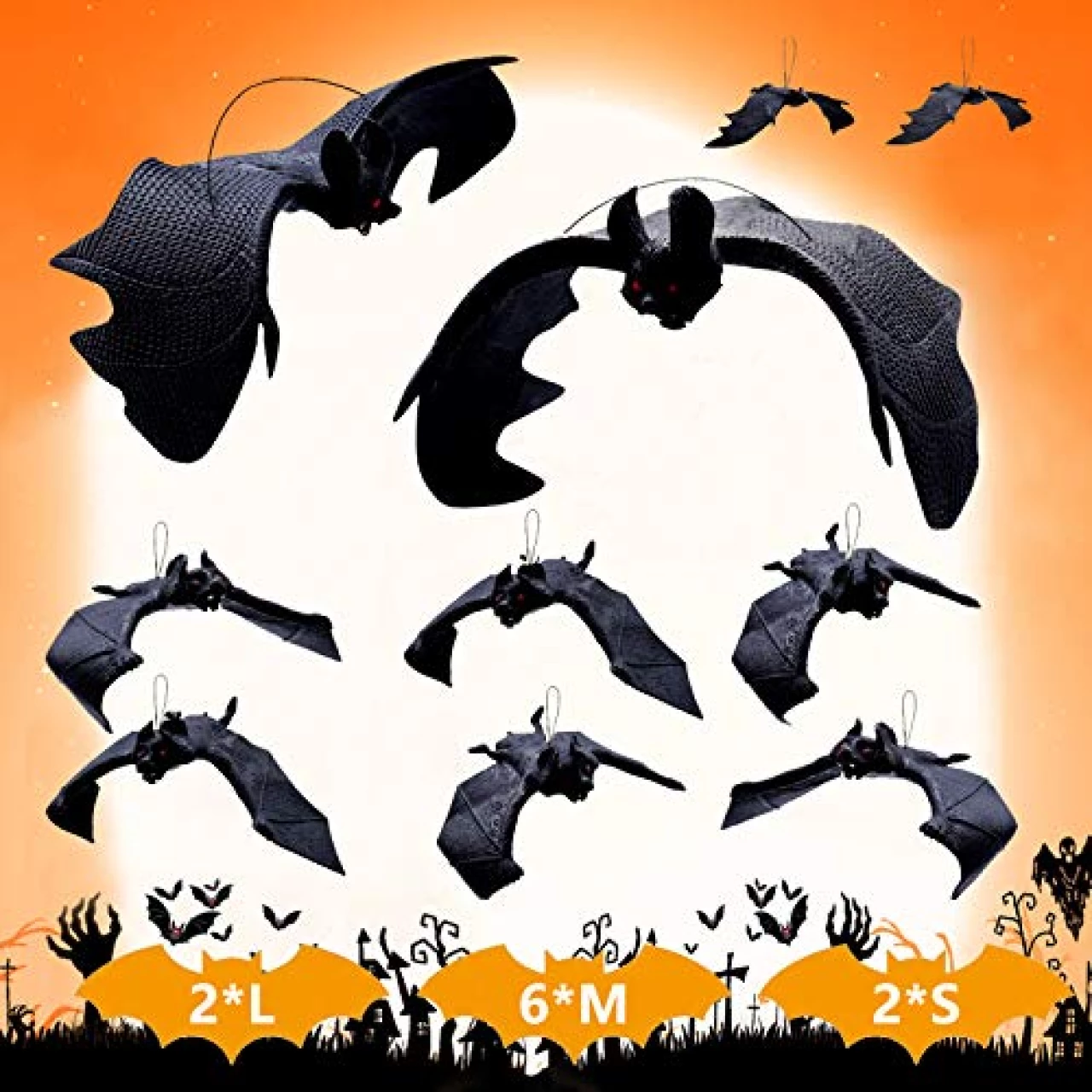 Supersfel Halloween Hanging Bats Decorations, 10 pcs Creepy Flying Rubber Bats Decor