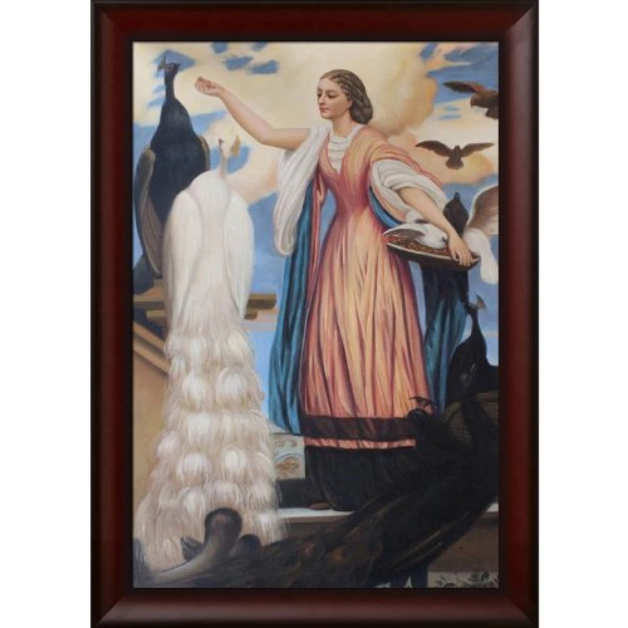 overstockArt Girl Feeding Peacocks Oil Painting with Deep Red Finish Frame by Lord Frederic Leighton