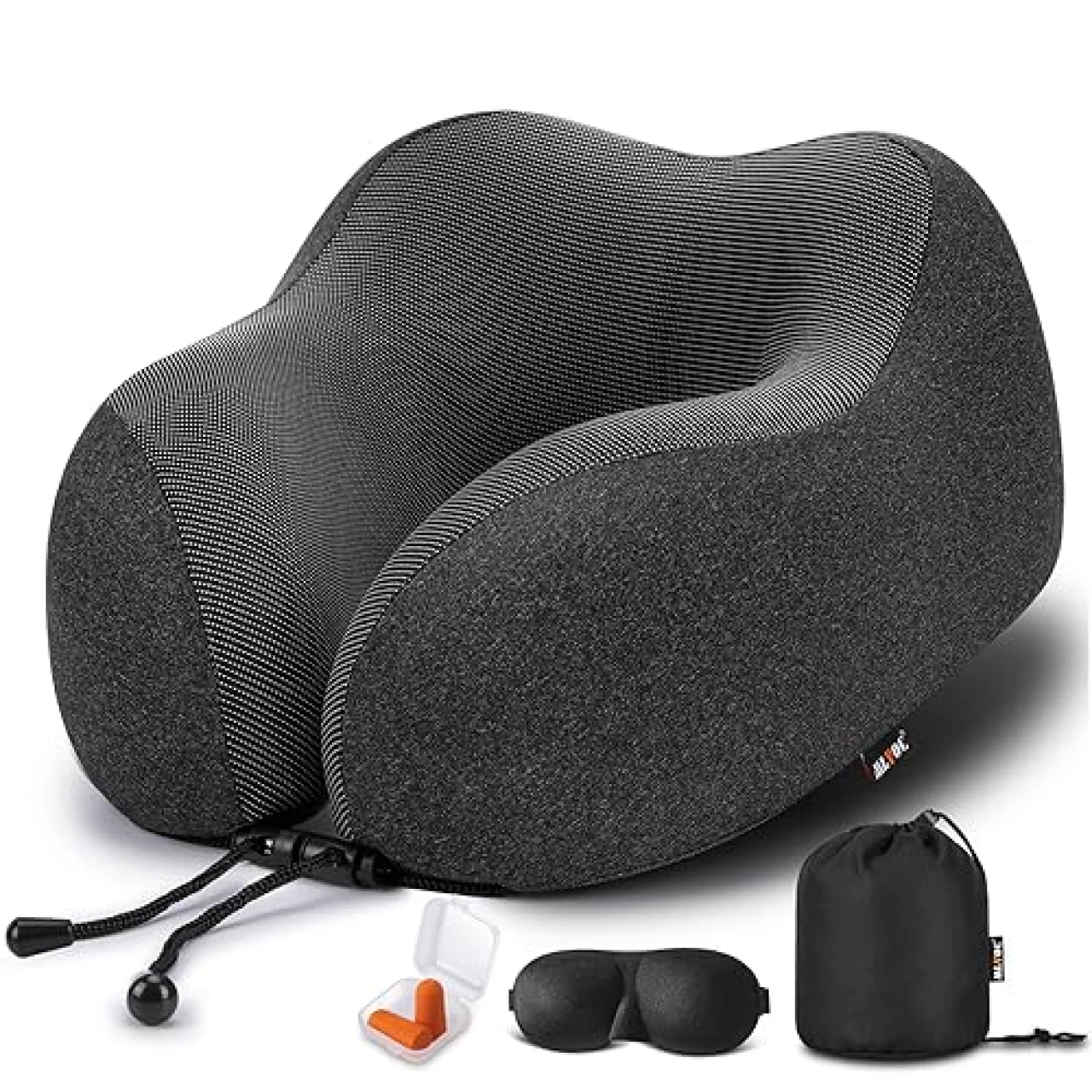 MLVOC Travel Pillow 100% Pure Memory Foam Neck Pillow, Comfortable &amp; Breathable Cover, Machine Washable, Airplane Travel Kit with 3D Contoured Eye Masks, Earplugs, and Luxury Bag (Black)