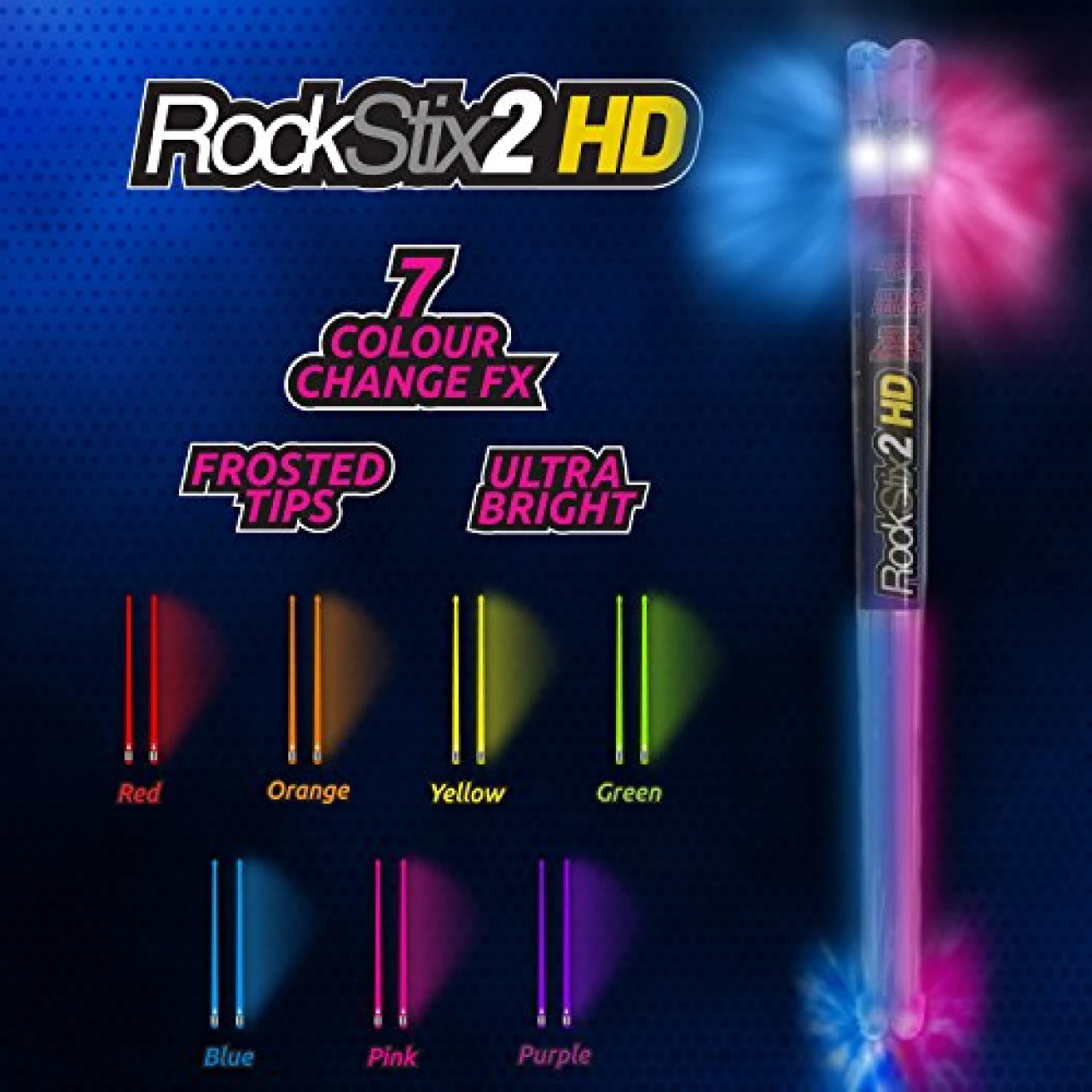 🥁 Pair of ROCKSTIX 2 HD: BRIGHT LIGHT UP MULTI COLOR CHANGE LED DRUMSTICKS, 7 Amazing Color effects, Set your gig on fire!