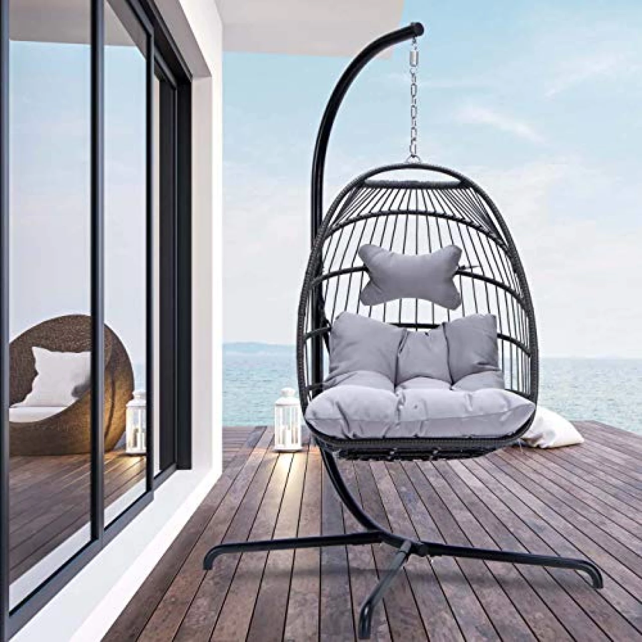 NICESOUL® Indoor Outdoor Patio Wicker Hanging Egg Chair Swing Hammock Egg Chairs UV Resistant Cushions 350lbs Capaticy for Patio Bedroom Balcony (Grey)