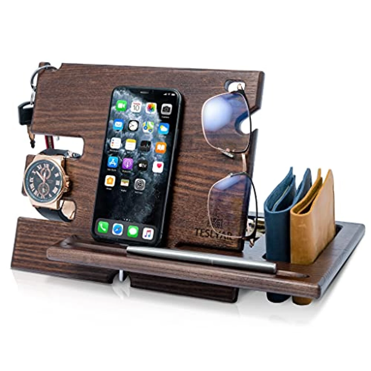 Wood Phone Docking Station Ash Key Holder Wallet Stand Watch Organizer Men Husband Wife Anniversary Dad Birthday Nightstand Purse Father Graduation Male Travel Idea Gadgets (Wenge)