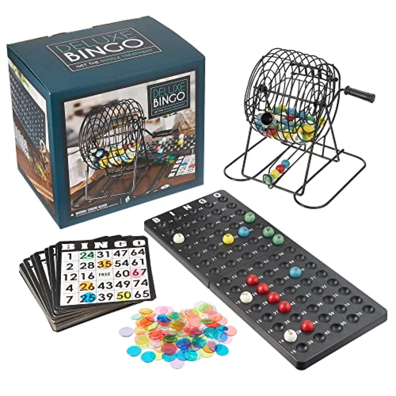 Royal Bingo Supplies Bingo Game Set for Adults, Seniors, Family &amp; Kids - 50 Cards 300 Chips 75 Balls, Roller Cage &amp; Board - Deluxe Set