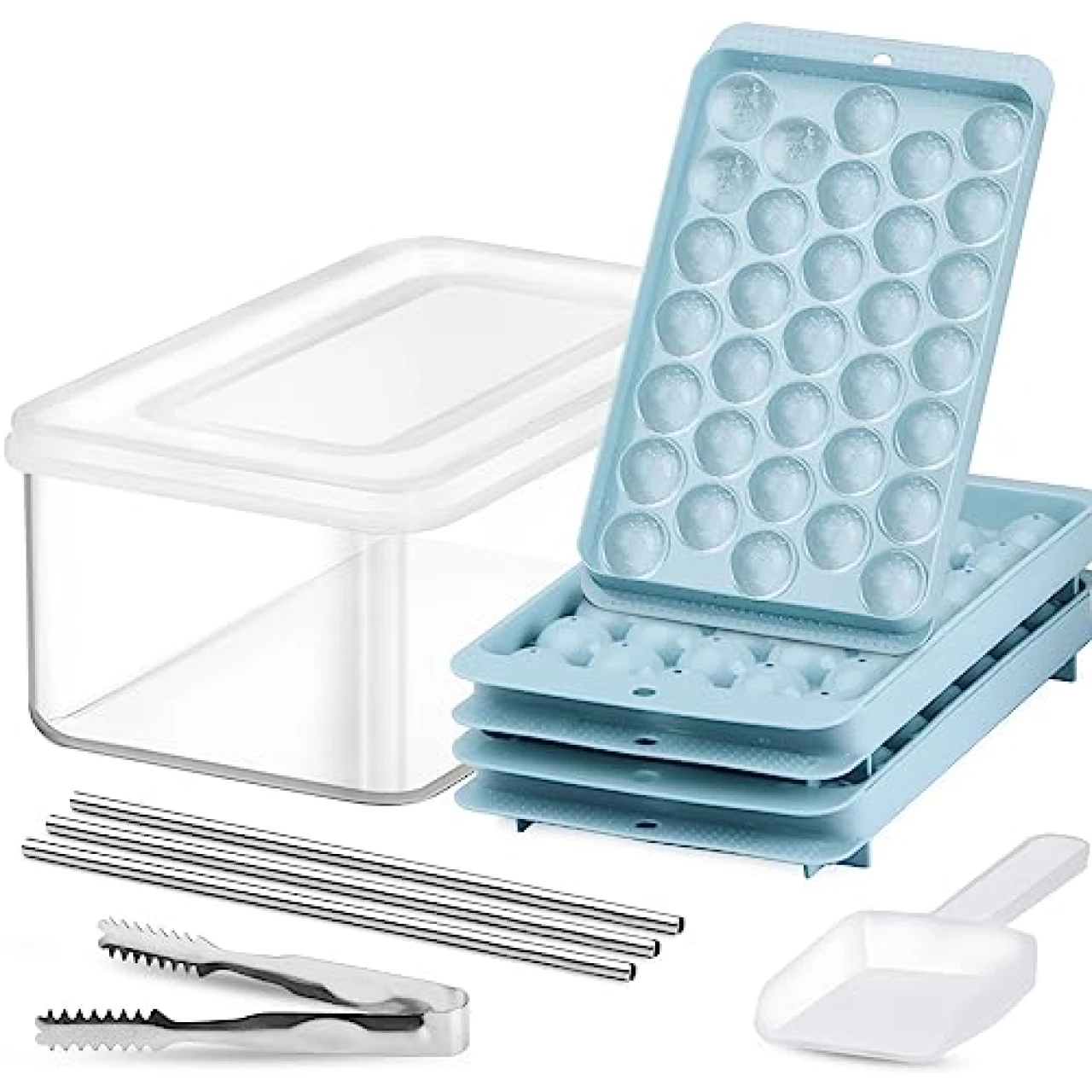 Round Ice Cube Tray with Lid and Bin, Jrisbo 3 Pack Mini Ice Ball Mold for Freezer, Stackable Ice Trays with Storage Ice Bucket, Ice Tong, Ice Scoop, 3 Straws for Cocktail Whiskey Tea &amp; Coffee