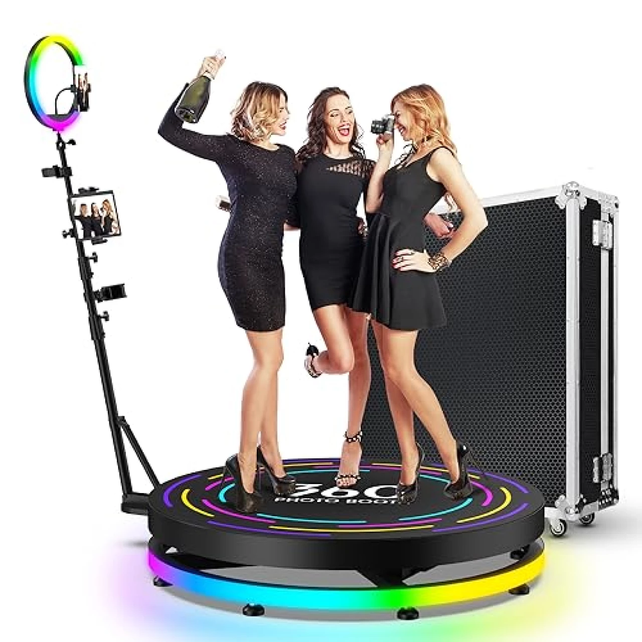 360 Photo Booth Machine for Parties,360 Degree Auto Rotating Camera Booth Machine with Flight case,1-3 People Stand on Photo Booth with Logo Customization(31.5&quot;+Flight Case)