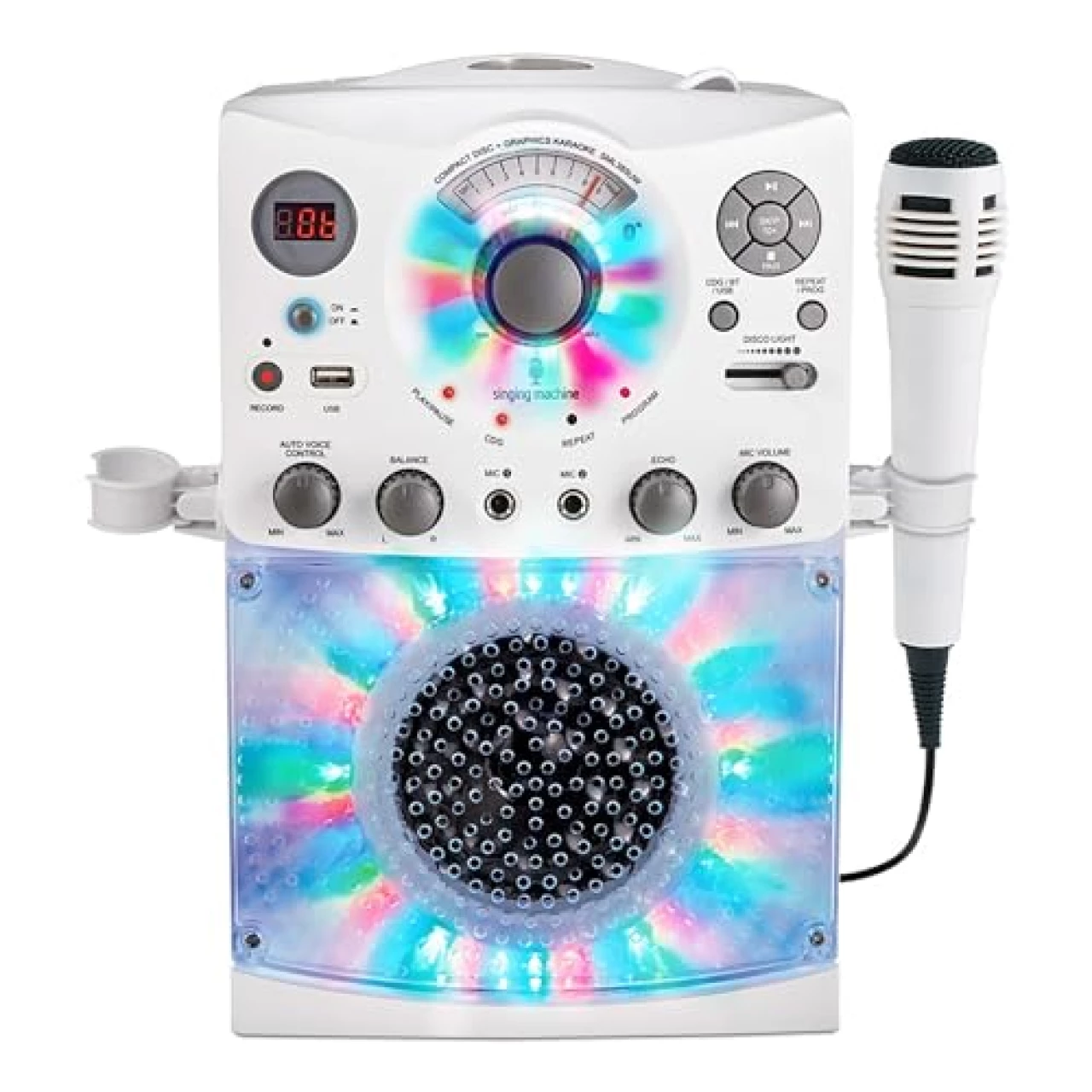 Singing Machine Portable Karaoke Machine for Adults &amp; Kids with Wired Microphone, White - Built-In Speaker, Bluetooth with LED Disco Lights - Karaoke System with CD+G Player &amp; USB Connectivity
