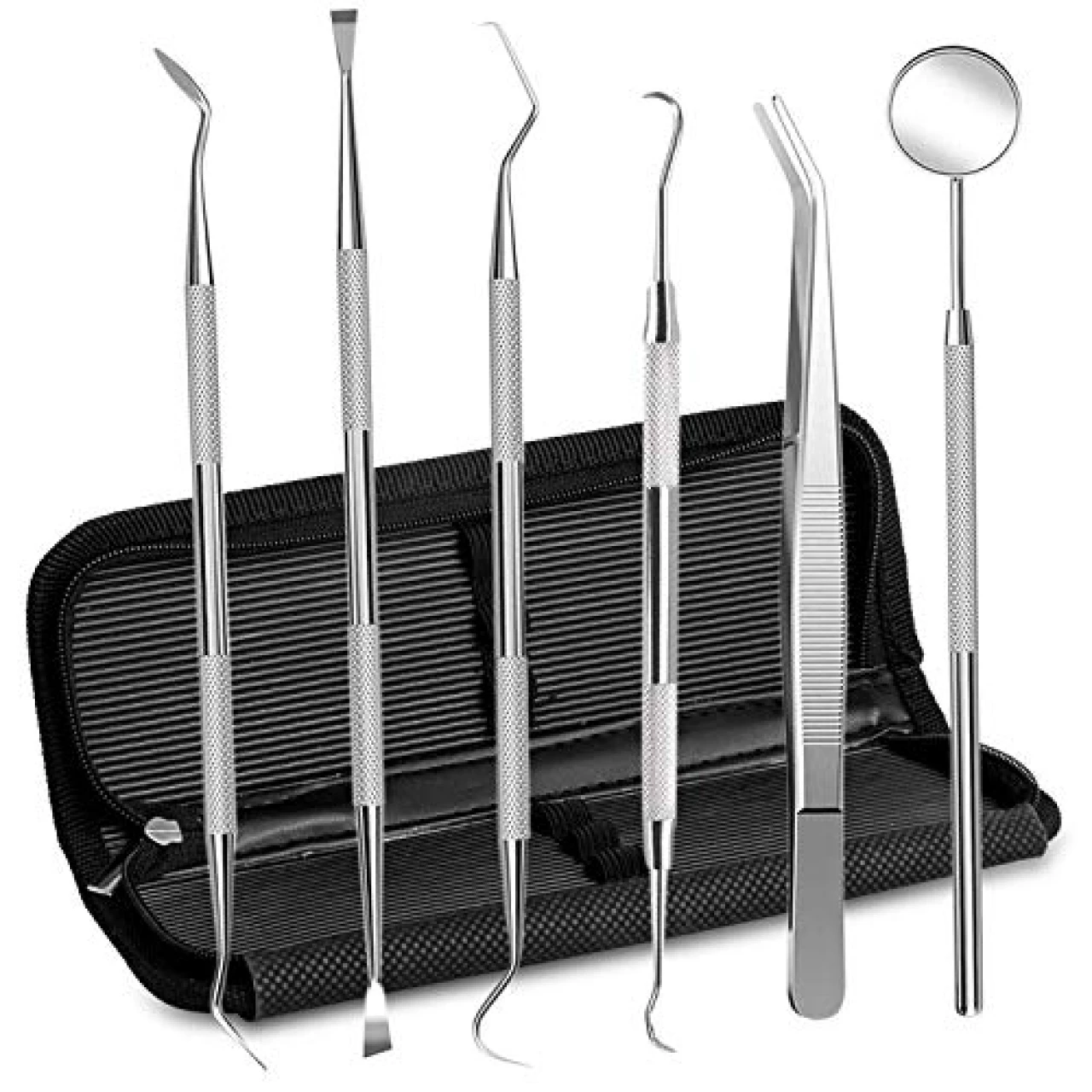 Dental Hygiene Tool Set Stainless Steel Dental Pick and Tweezers, Gum Floss, Tooth Scraper Plaque Tartar Remover (6 Pack)