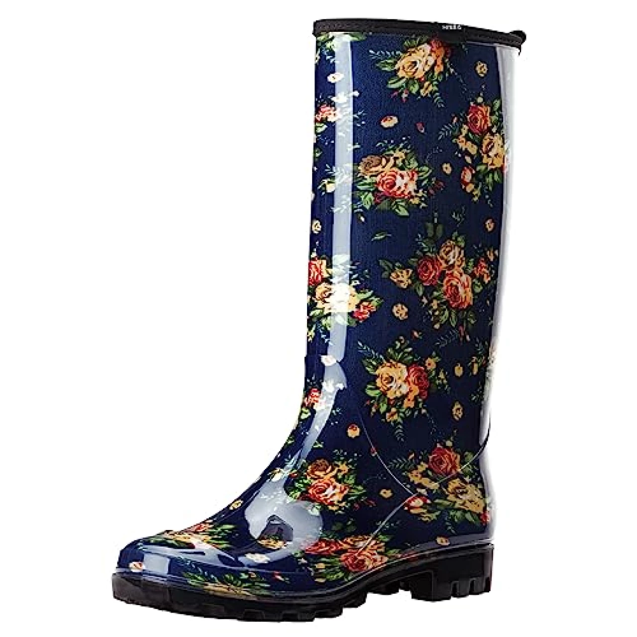 HISEA Women&rsquo;s Rain Boots Waterproof Garden Shoes Colorful Printed Knee High Rubber Boots Anti-Slipping Rainboots for Ladies with Comfort Insole Tall Wellington Rain Shoes, Size 11 Flower Print Navy