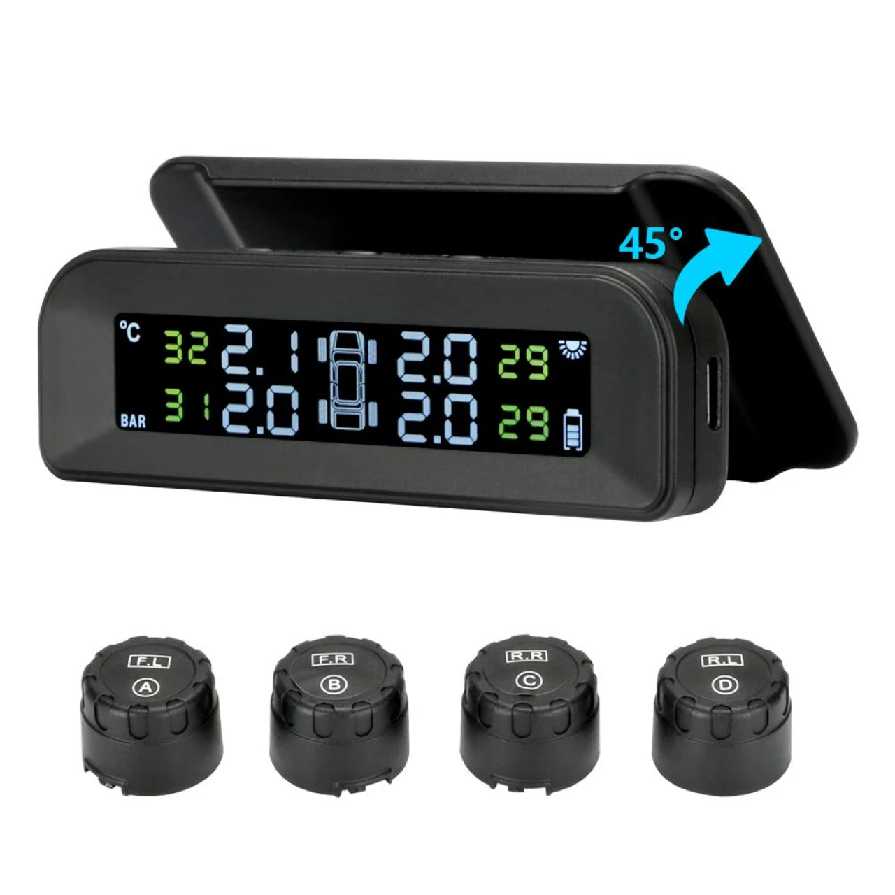 Tire Pressure Monitoring System Wireless Solar TPMS, Tire Pressure Monitor Installed on Windowshield with 4 External Sensors Real-time Display Temperature Pressure 22-87 PSI for Car RV SUV MPV Sedan