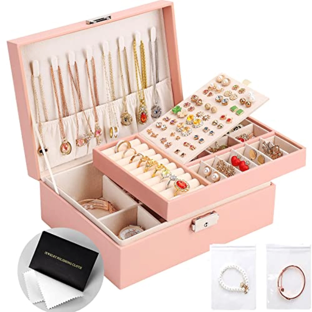 Jewelry Organizer Box, Leather Jewelry Box for Girls Gift Earring Organizer with Lock Double Layers Jewelry Case Removable Tray for Necklace Earring Ring with Polishing Cloth and Jewelry Bags