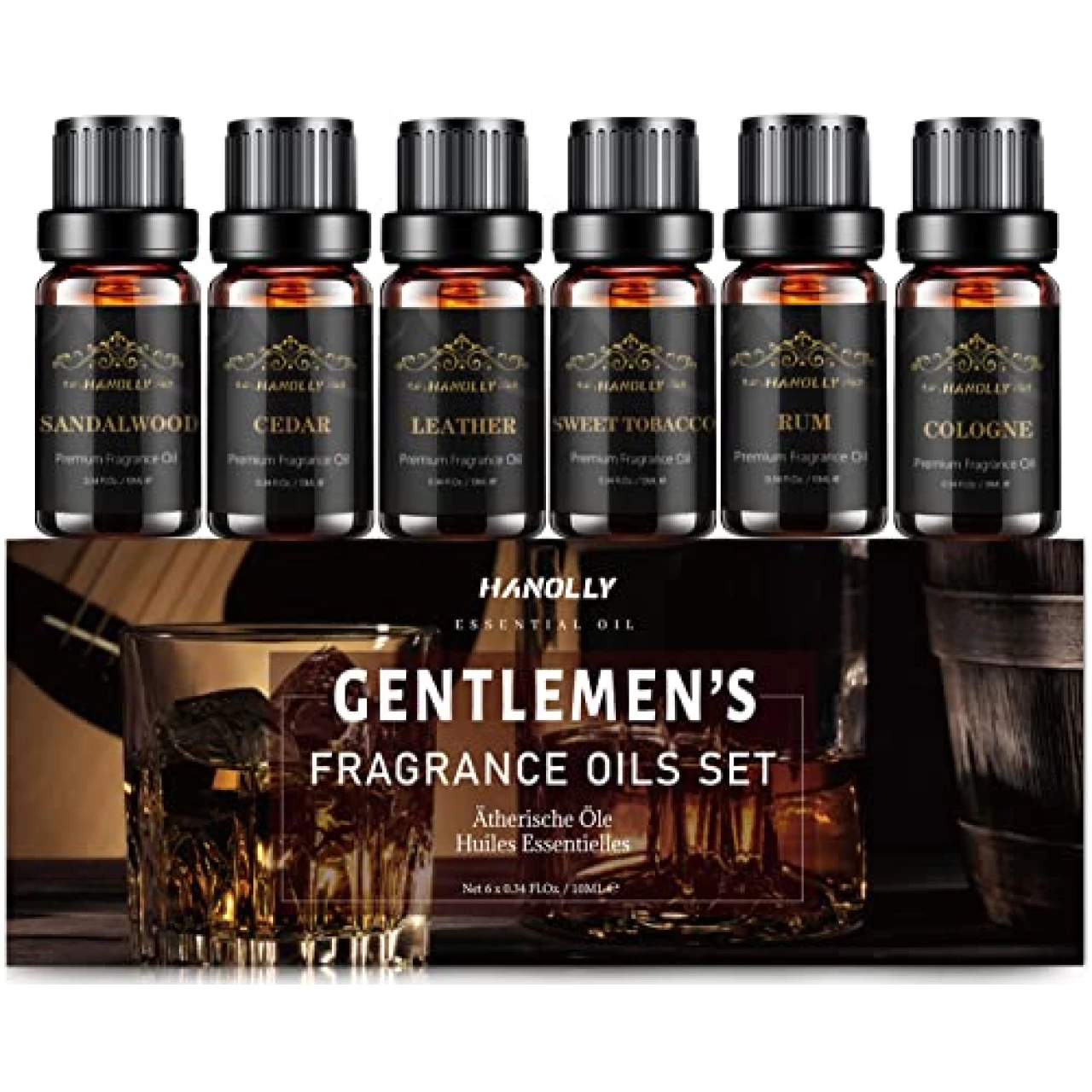 Essential Oils Set, Men Scents Fragrance Oil Aromatherapy Essential Oils Kit for Diffuser (6x10ML) - Sandalwood, Cedar, Leather, Sweet Tobacco, Rum, Cologne Aromatherapy Oils for Men