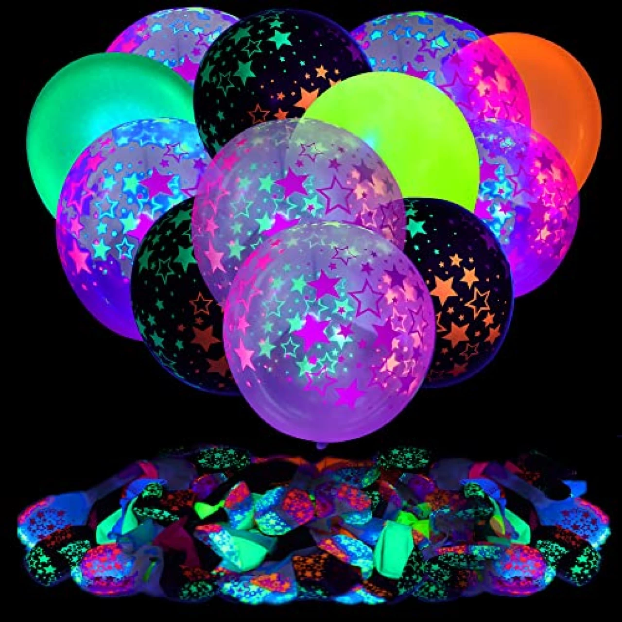 90 Pcs UV Neon Balloons ,Neon Stars Glow Party Balloons UV Black Light Balloons Glow in the dark for Birthday Decorations Wedding Glow Party Supplies Blacklight Carnival Reactive Fluorescent Balloons