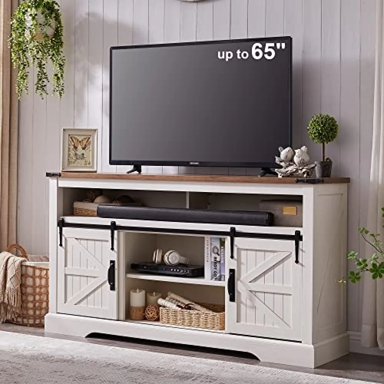 OKD Farmhouse TV Stand for 65+ Inch TV, 33&quot; Tall Highboy Entertainment Center w/Sliding Barn Door, Rustic Media Console w/Storage Shelves, Wood Television Stand for Living Room, Antique White