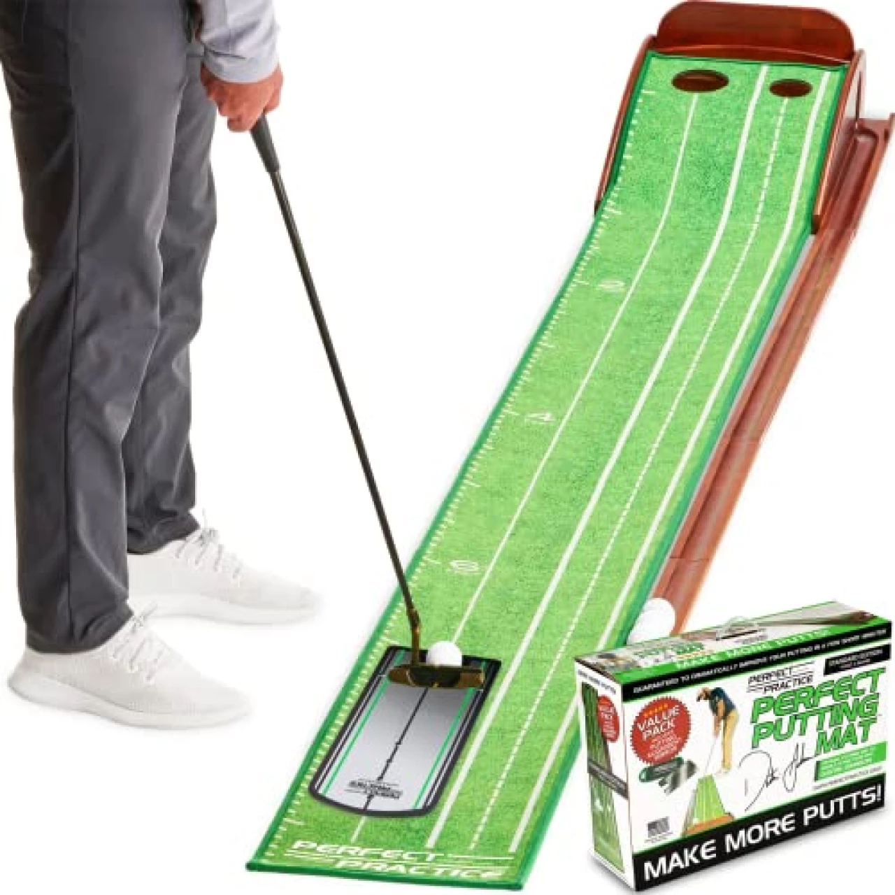 Putting Mat w/Alignment Mirror - Indoor Golf Putting Green w/ 2 Holes - Putting Matt for Indoors Practice - Golf Training Aid for Home - Golf Accessories and Gifts for Men