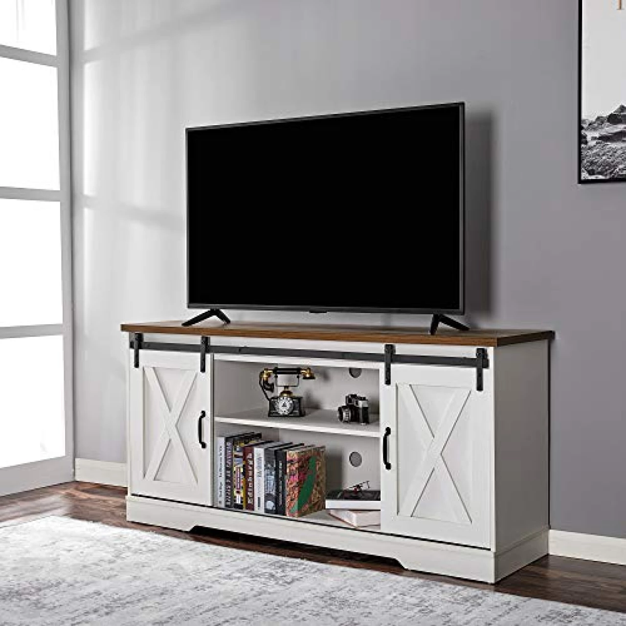 AMERLIFE TV Stand Sliding Barn Door Modern&amp;Farmhouse Wood Entertainment Center, Storage Cabinet Table Living Room with Adjustable Shelves for TVs Up to 65&quot;, Distressed White&amp;Rustic