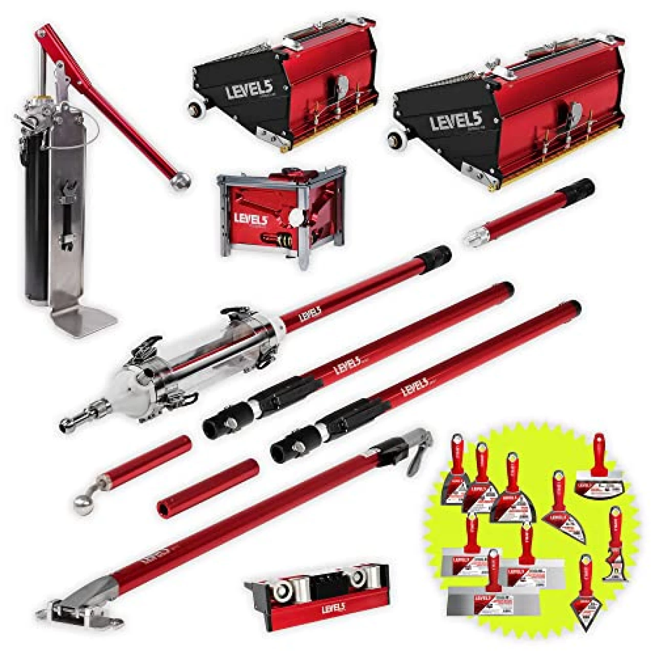 Drywall Finishing Set, MEGA Capacity + Extension Handles - LEVEL5 | Pro-Grade | 7/10&quot; MEGA Flat Boxes, Corner Roller, MiniShot, Compound Pump + Filler | Sheetrock Gyprock Wallboard | 4-673