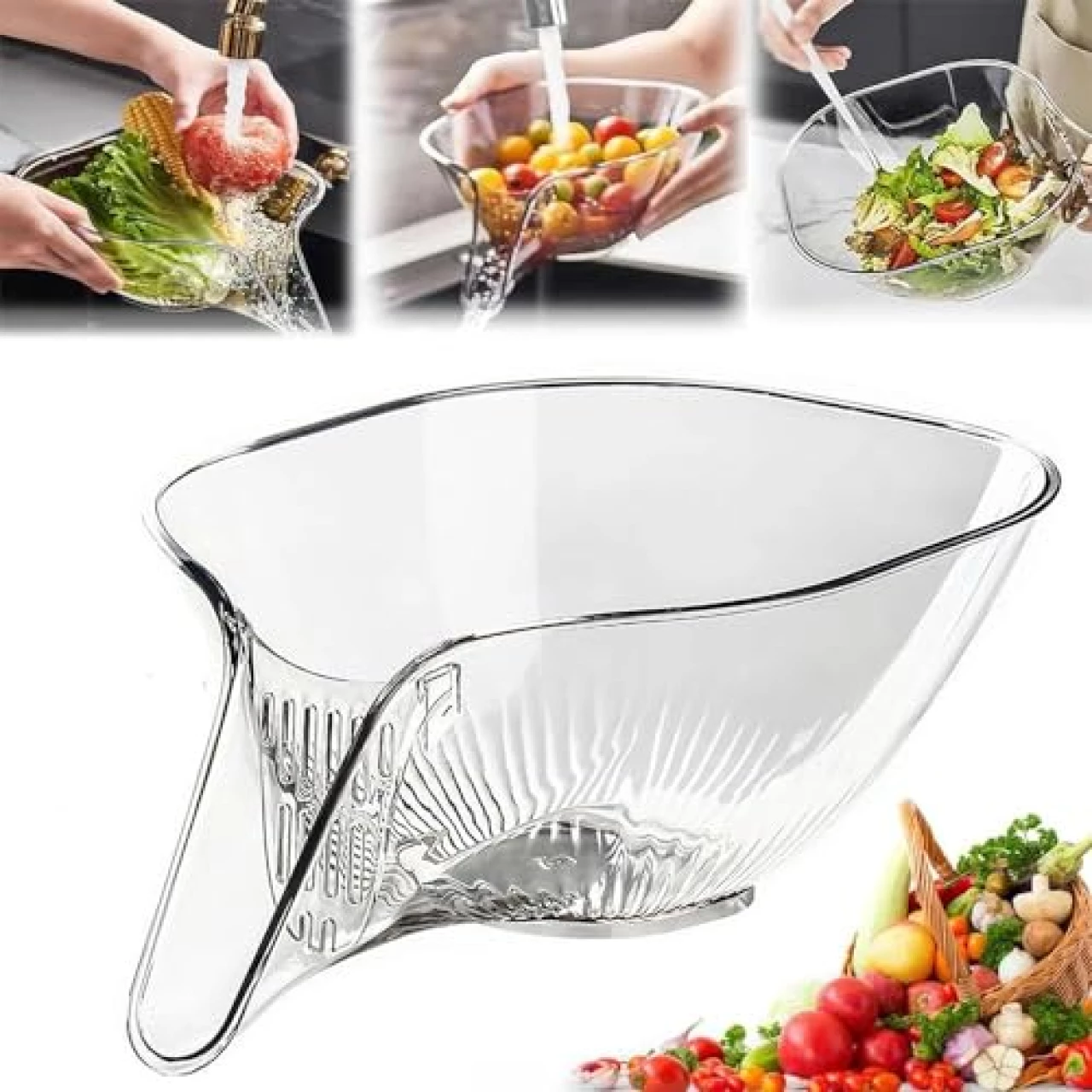 Multi-functional Drain Basket - 2024 New Fruit Cleaning Bowl with Strainer Container, Kitchen Sink Food Catcher Drainer Fruit Rinser Vegetable Washing Filter Bowl over the Sink Colander (transparent)