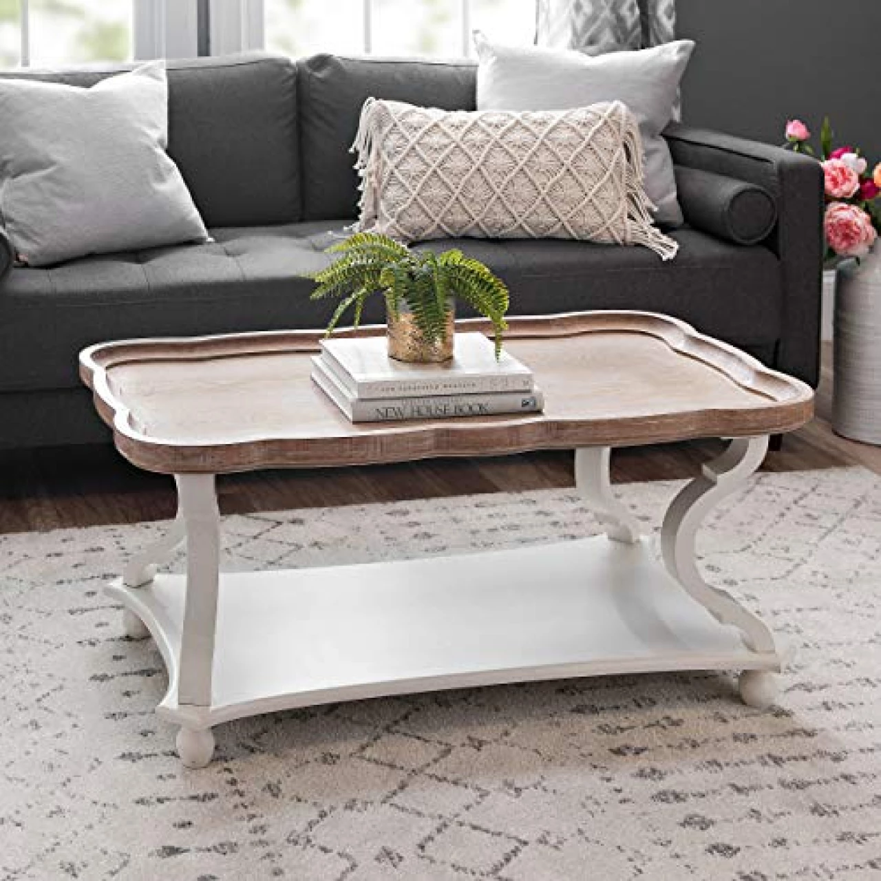 COZAYH Rustic Farmhouse Cottagecore Coffee Table, Natural Tray Top Sofa Table for Family, Dinning or Living Room, Small Spaces, Handcrafted Finish, Modern