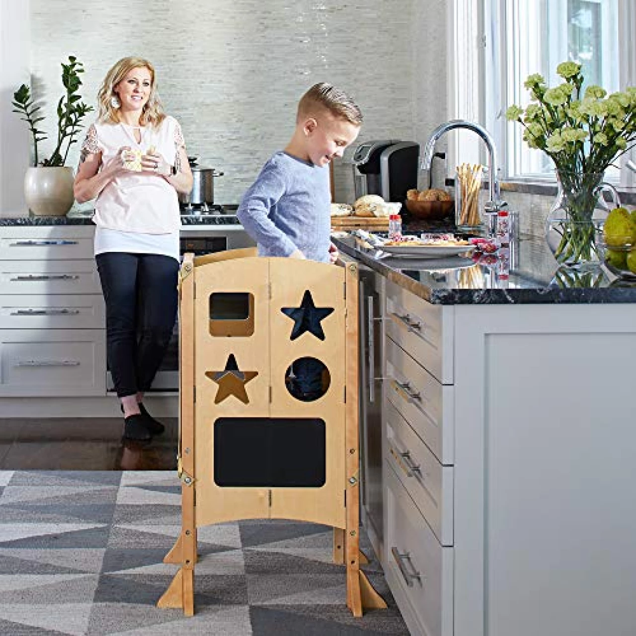 Guidecraft Classic Kitchen Helper® Stool and 2 Keepers - Natural: Wooden Adjustable Height, Folding Kitchen Step Stool for Toddlers, Chalkboard and Whiteboard Message Boards, Supports Up to 125lbs