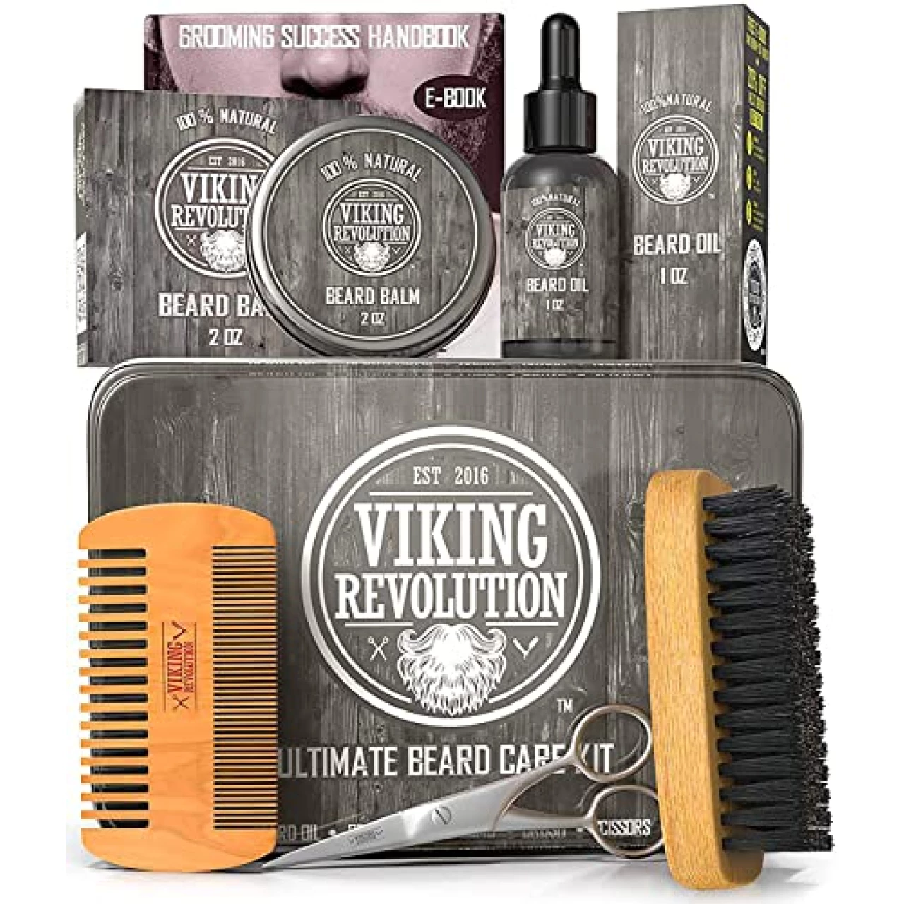 Viking Revolution Beard Care Kit for Men - Kit includes 100% Boar Beard Brush, Wooden Comb, Beard Balm, Beard Oil, Beard &amp; Mustache Scissors in a Metal Box